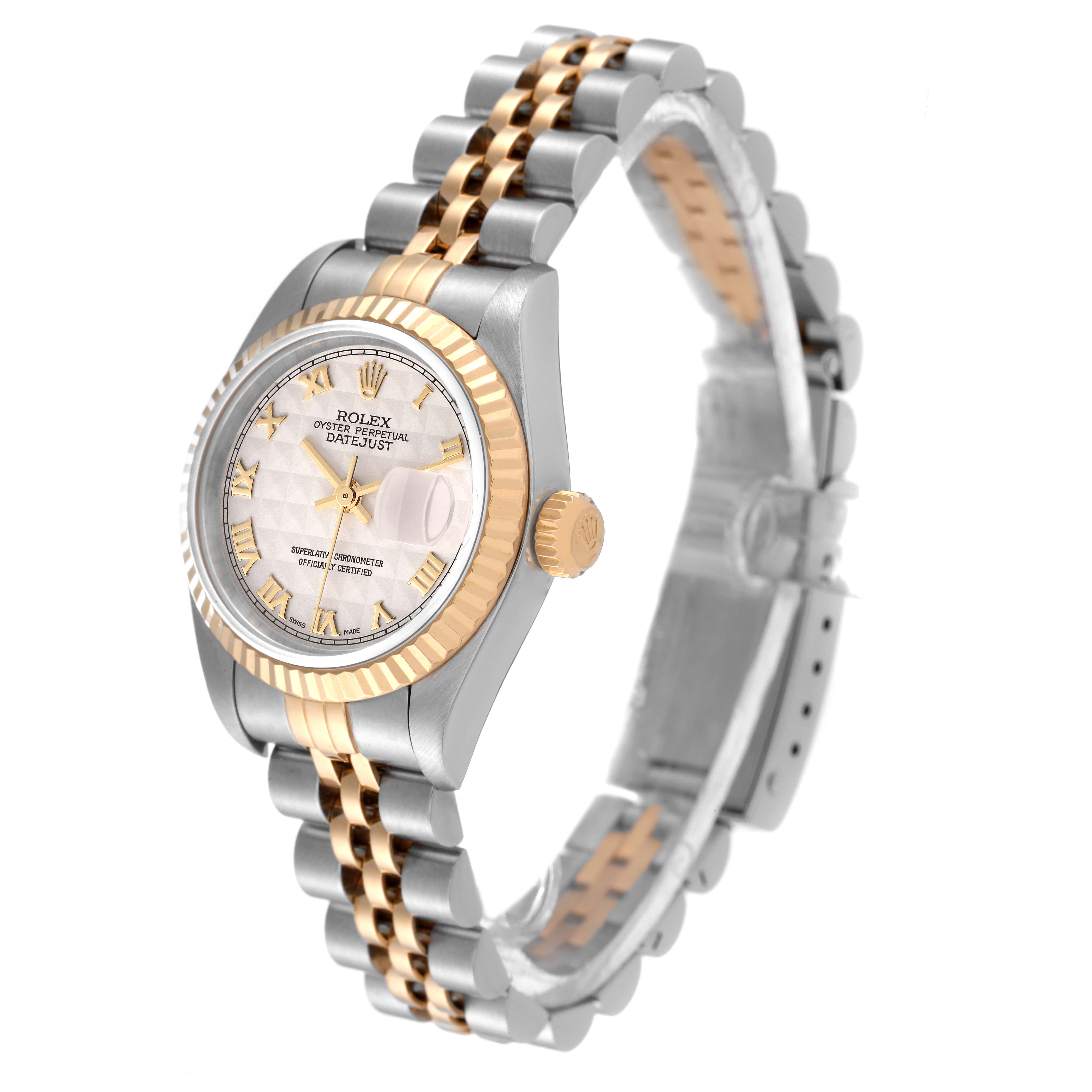 The image shows a Rolex Datejust 79173 Women's Steel and Gold (two tone) Beige Dial 79173 Women's Steel and Gold (two tone) Beige Dial watch at an angle highlighting the dial, bezel, and bracelet.