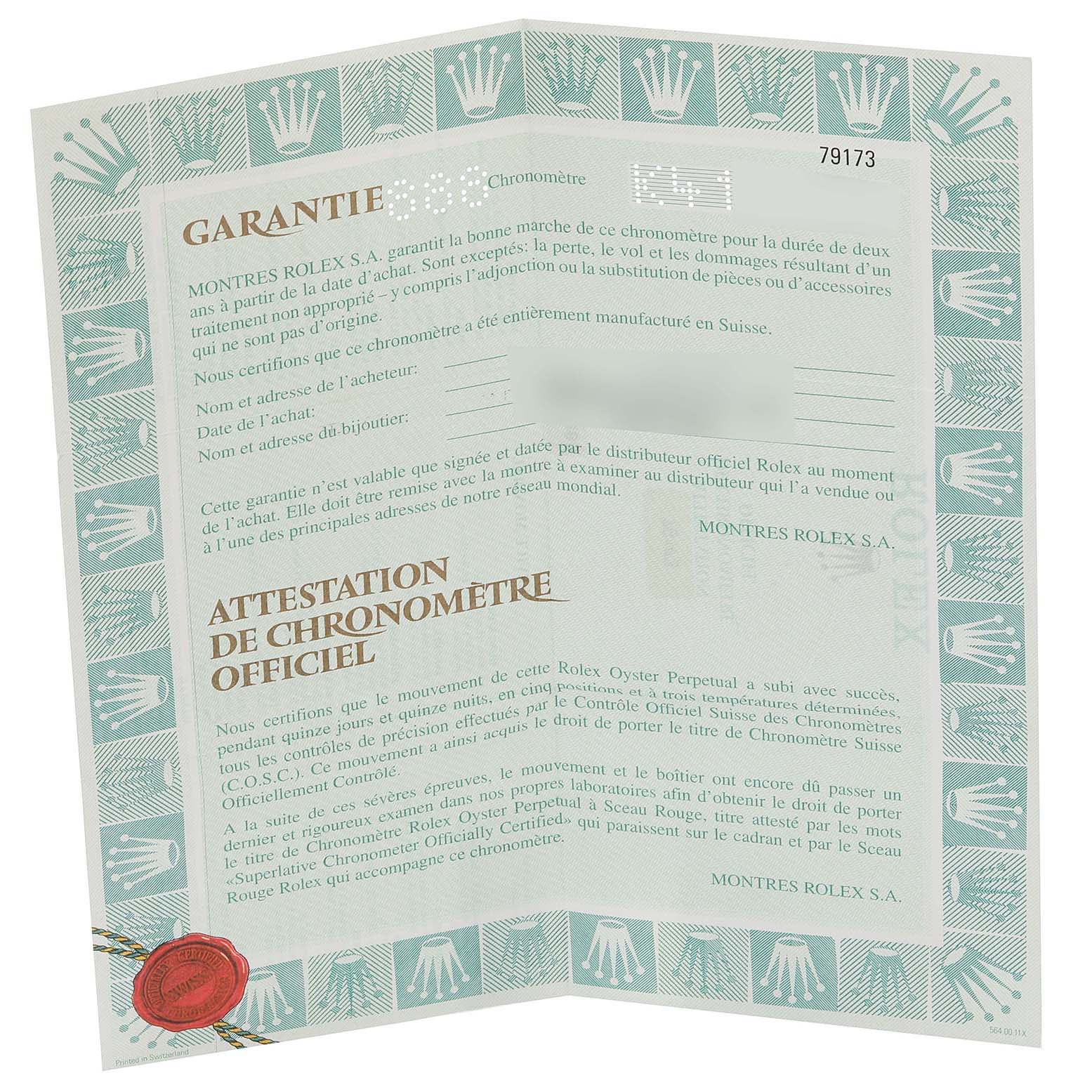 The image shows the warranty certificate for the Rolex Datejust 79173 Women's Steel and Gold (two tone) Beige Dial 79173 Women's Steel and Gold (two tone) Beige Dial watch, featuring text detailing its chronometer certification.