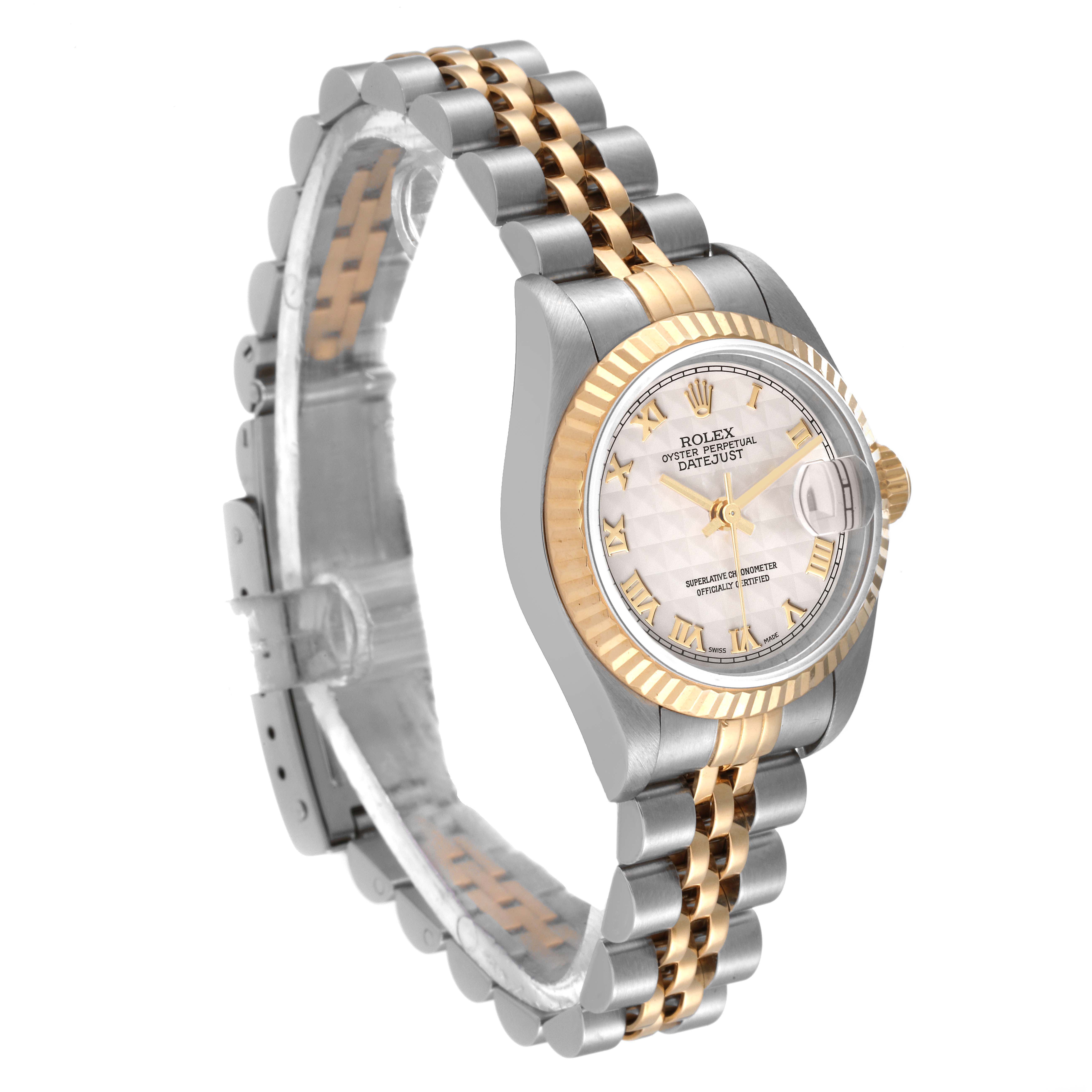 The image shows a Rolex Datejust 79173 Women's Steel and Gold (two tone) Beige Dial 79173 Women's Steel and Gold (two tone) Beige Dial watch at a slight angle, highlighting its gold and silver bracelet, fluted bezel, and dial.