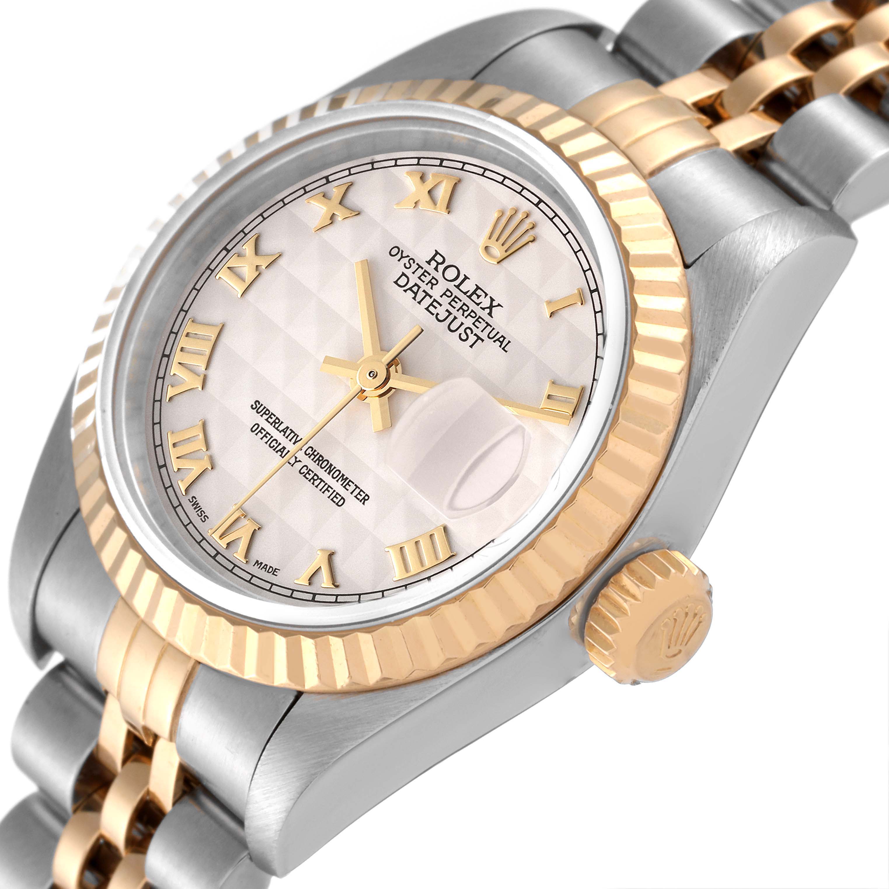 The image shows a close-up, angled view of a Rolex Datejust 79173 Women's Steel and Gold (two tone) Beige Dial 79173 Women's Steel and Gold (two tone) Beige Dial watch focusing on the face, bezel, and part of the bracelet.