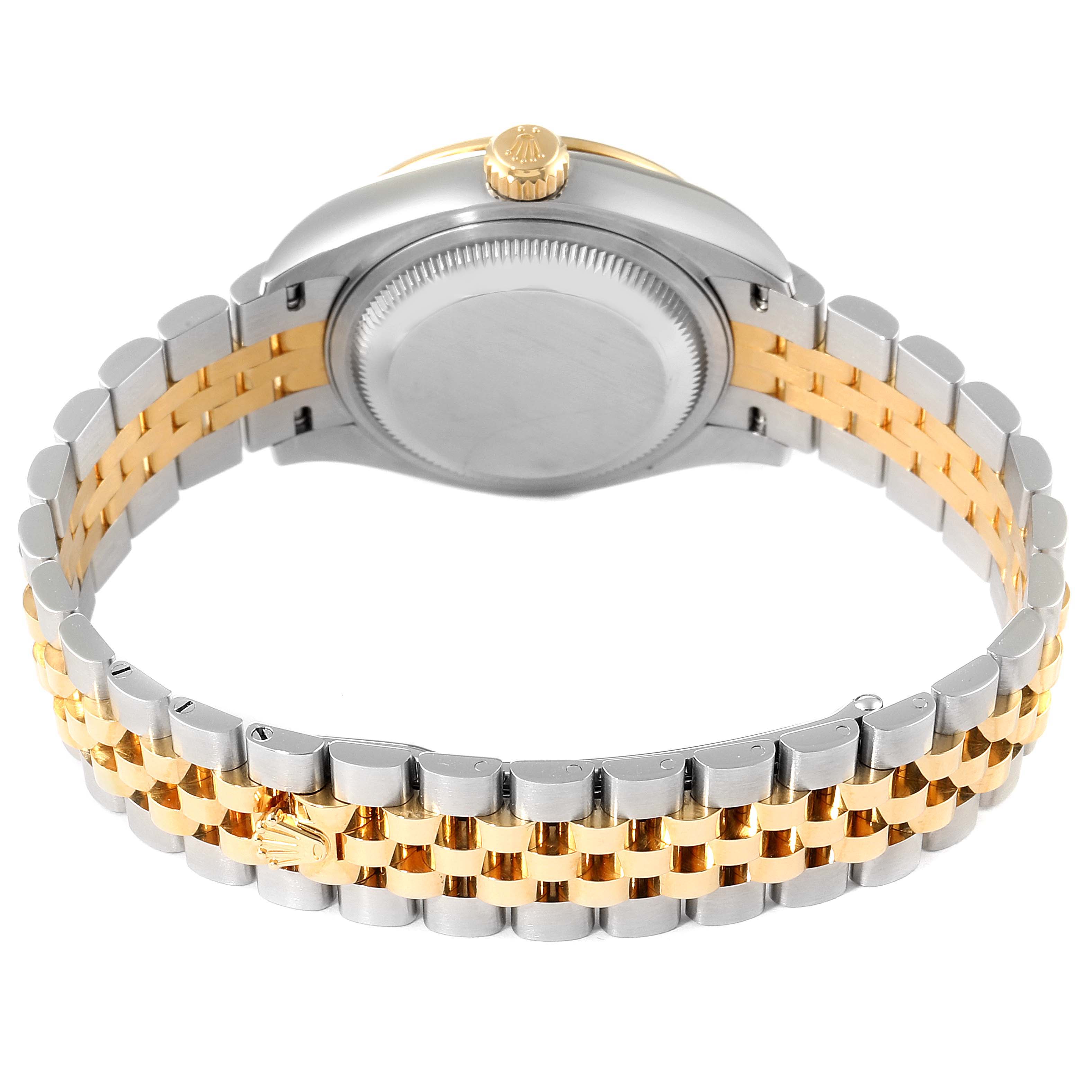 The image shows the back and bracelet of a Rolex Datejust 279383 Women's Steel and Gold (two tone) Green Dial 279383 Women's Steel and Gold (two tone) Green Dial watch, highlighting its two-tone metal design.