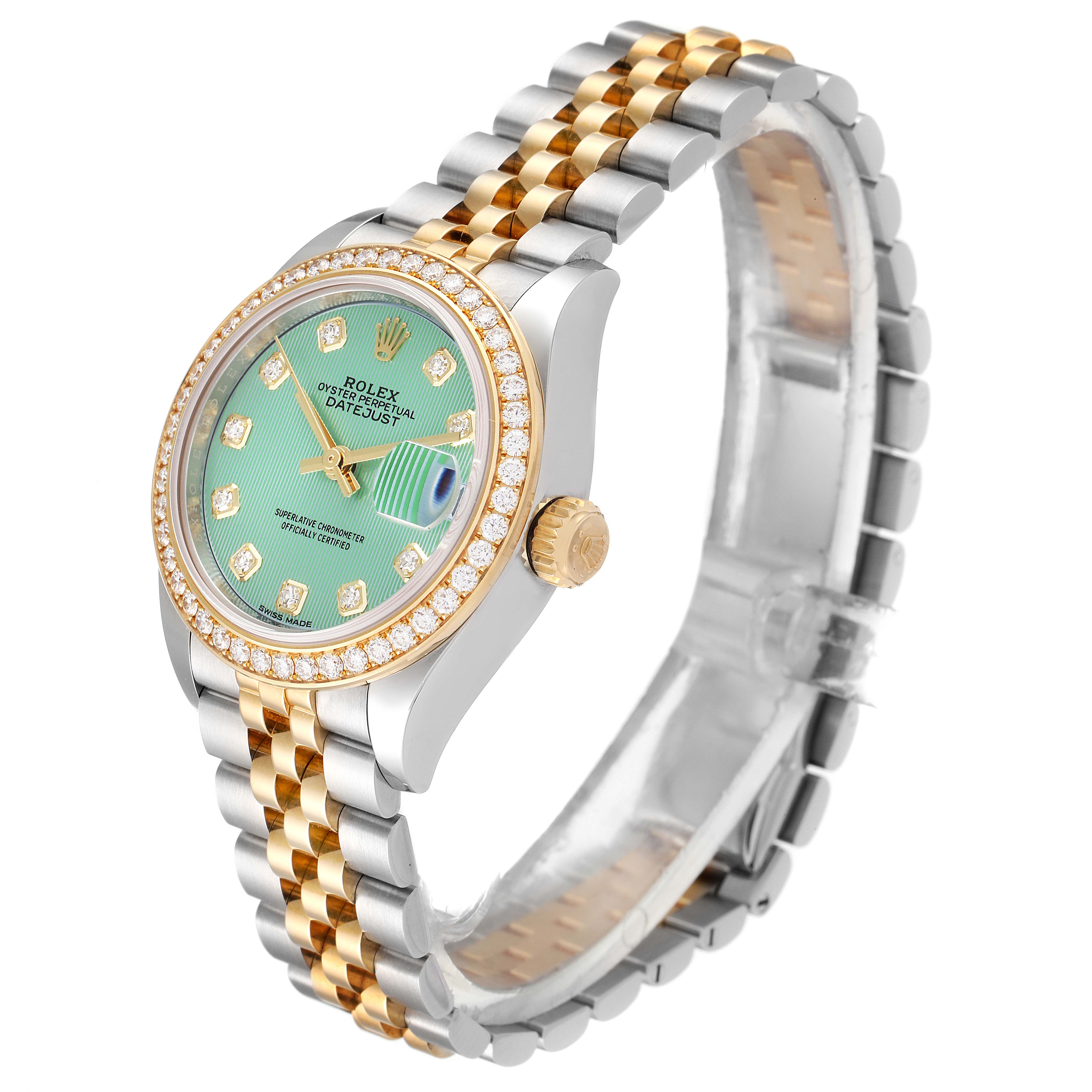 This is a side-front angle of a Rolex Datejust 279383 Women's Steel and Gold (two tone) Green Dial 279383 Women's Steel and Gold (two tone) Green Dial watch, showing the dial, bezel, crown, and bracelet.