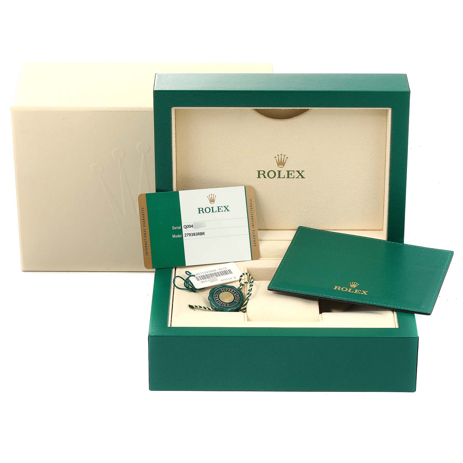 Rolex Datejust 279383 Women's Steel and Gold (two tone) Green Dial 279383 Women's Steel and Gold (two tone) Green Dial packaging, including the watch box, warranty card, tags, and instruction booklet are shown.