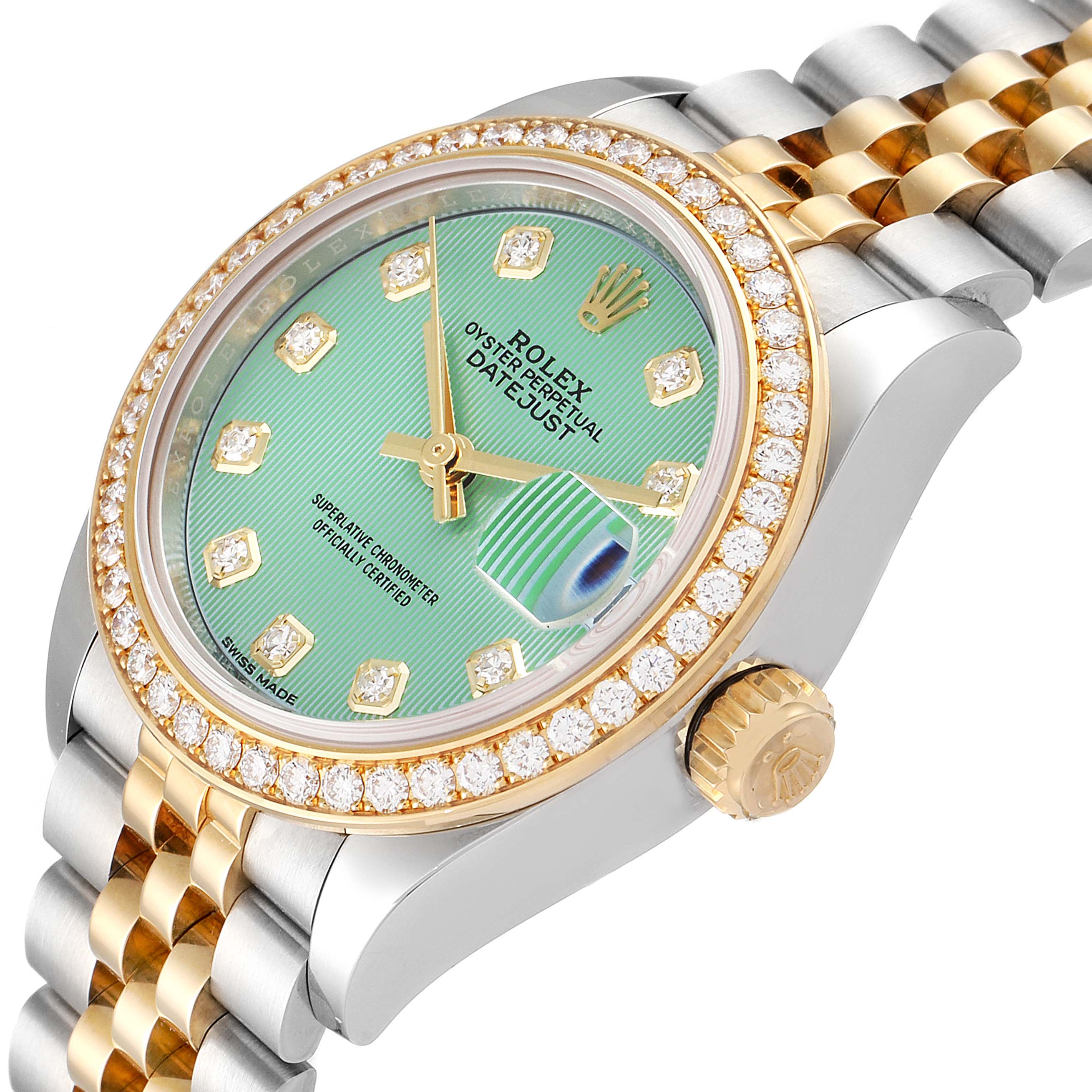 The Rolex Datejust 279383 Women's Steel and Gold (two tone) Green Dial 279383 Women's Steel and Gold (two tone) Green Dial watch is shown from an angle displaying the face, crown, and part of the bracelet.