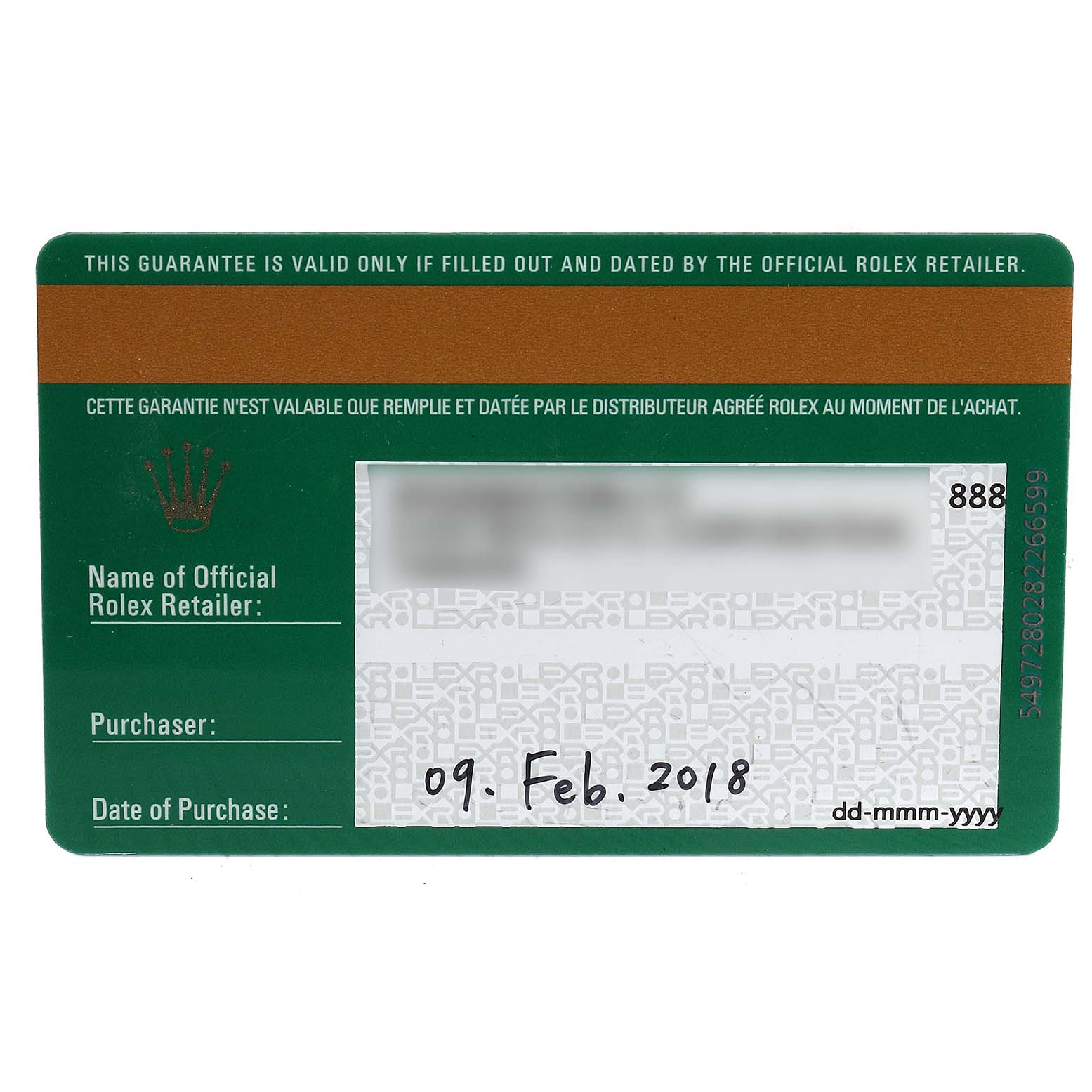 The image shows a Rolex Datejust 279383 Women's Steel and Gold (two tone) Green Dial 279383 Women's Steel and Gold (two tone) Green Dial model guarantee card, displaying purchase details and retailer information.