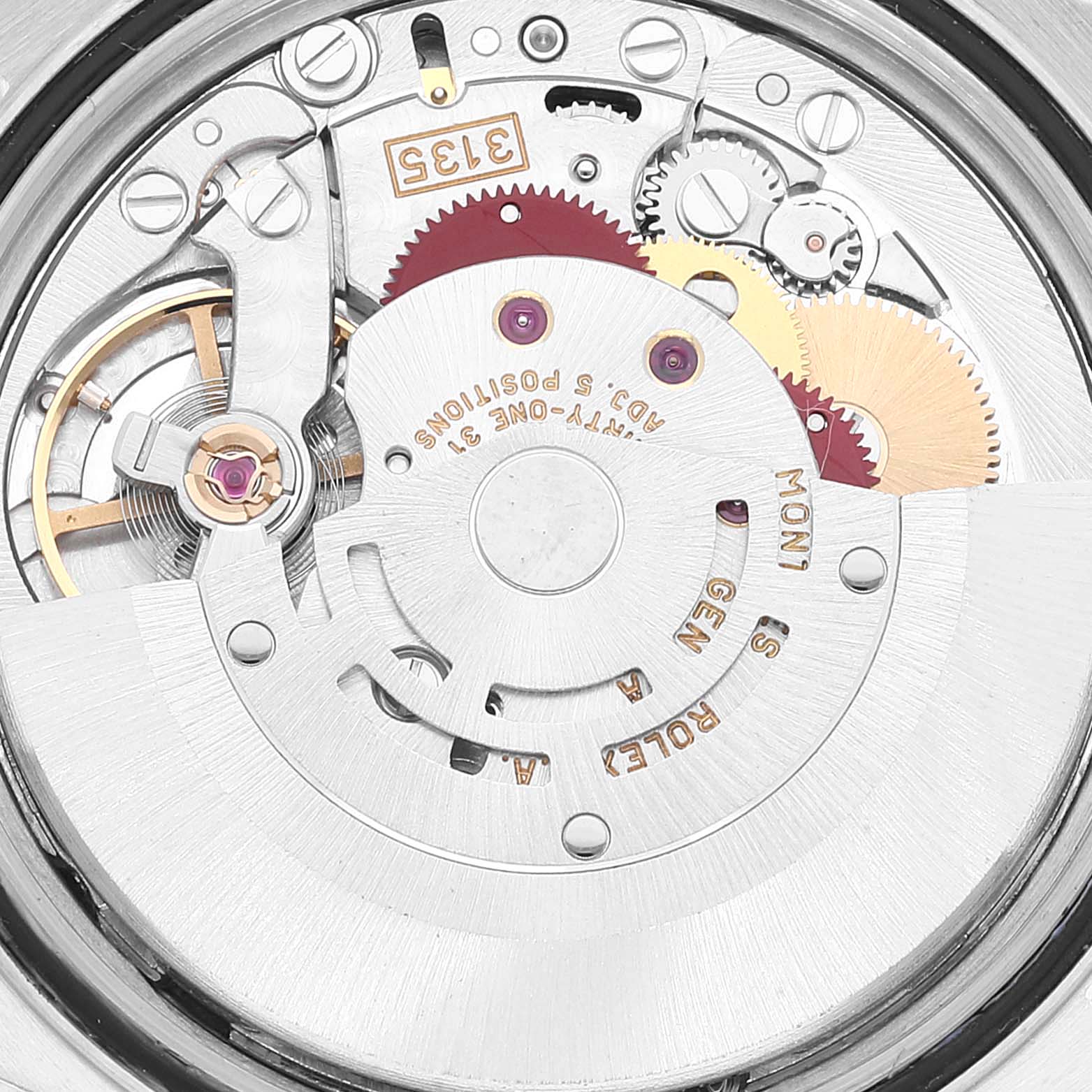 The image shows an internal view of the movement mechanism of the Rolex Datejust 16233 Men's Steel and Gold (two tone) Blue Dial 16233 Men's Steel and Gold (two tone) Blue Dial watch, focusing on gears and intricate components.
