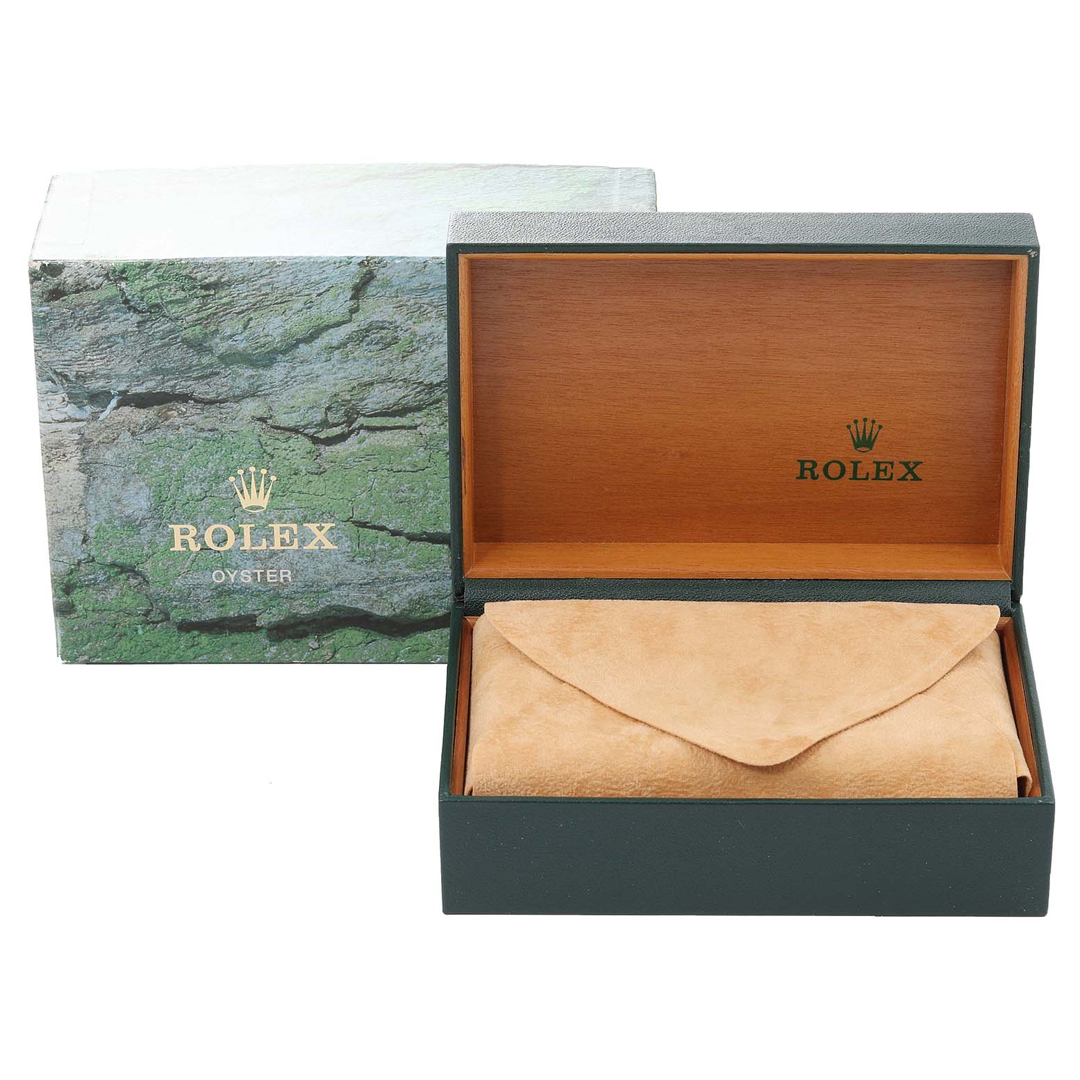 The image shows the packaging and box of a Rolex Datejust 16233 Men's Steel and Gold (two tone) Blue Dial 16233 Men's Steel and Gold (two tone) Blue Dial watch, including an outer case and an inner suede pouch inside the wooden box.