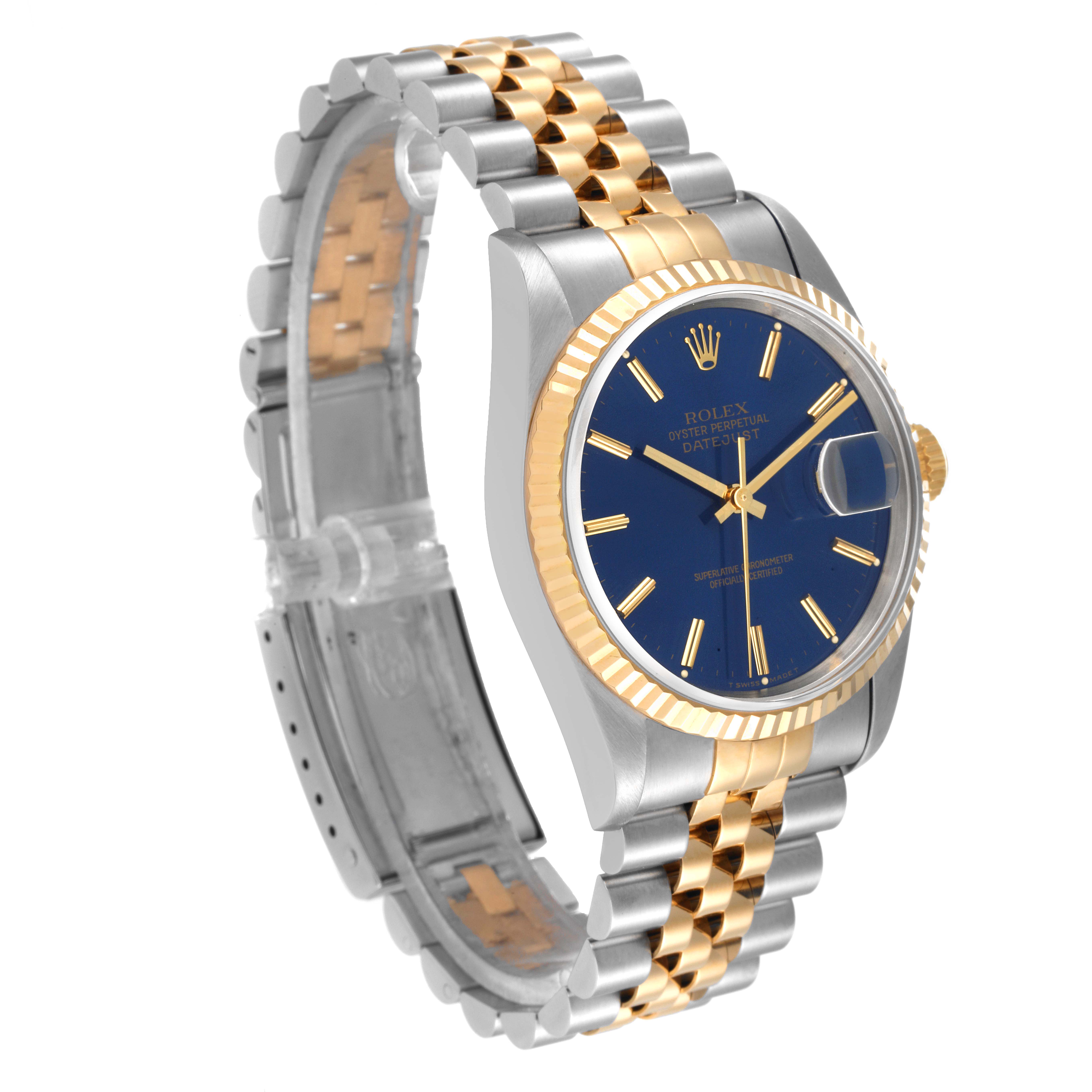 This image shows a Rolex Datejust 16233 Men's Steel and Gold (two tone) Blue Dial 16233 Men's Steel and Gold (two tone) Blue Dial watch from an angled side view, highlighting its blue dial, fluted bezel, and jubilee bracelet.