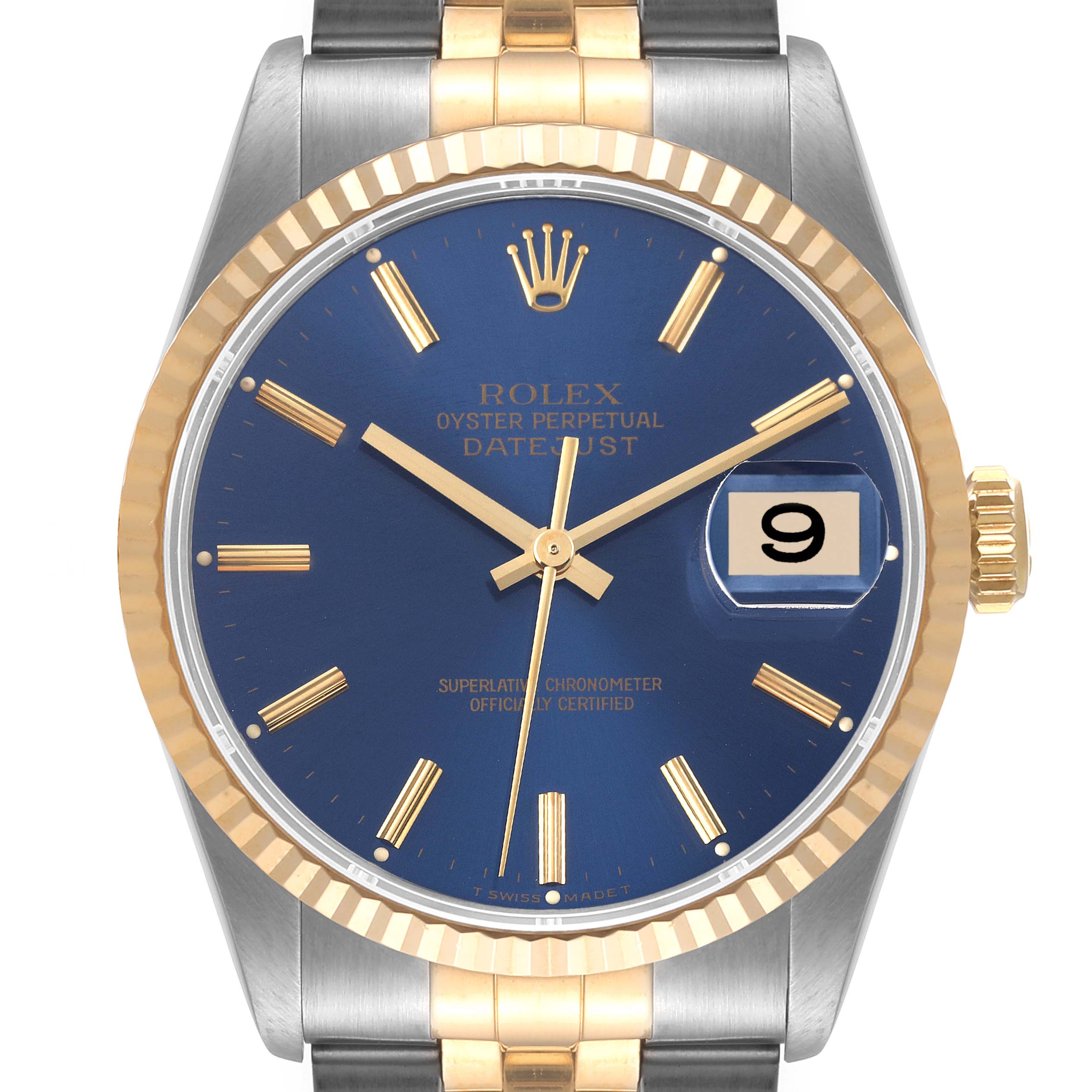 The image shows a front view of a Rolex Datejust 16233 Men's Steel and Gold (two tone) Blue Dial 16233 Men's Steel and Gold (two tone) Blue Dial watch, highlighting its blue dial, gold hands, and two-tone bracelet.