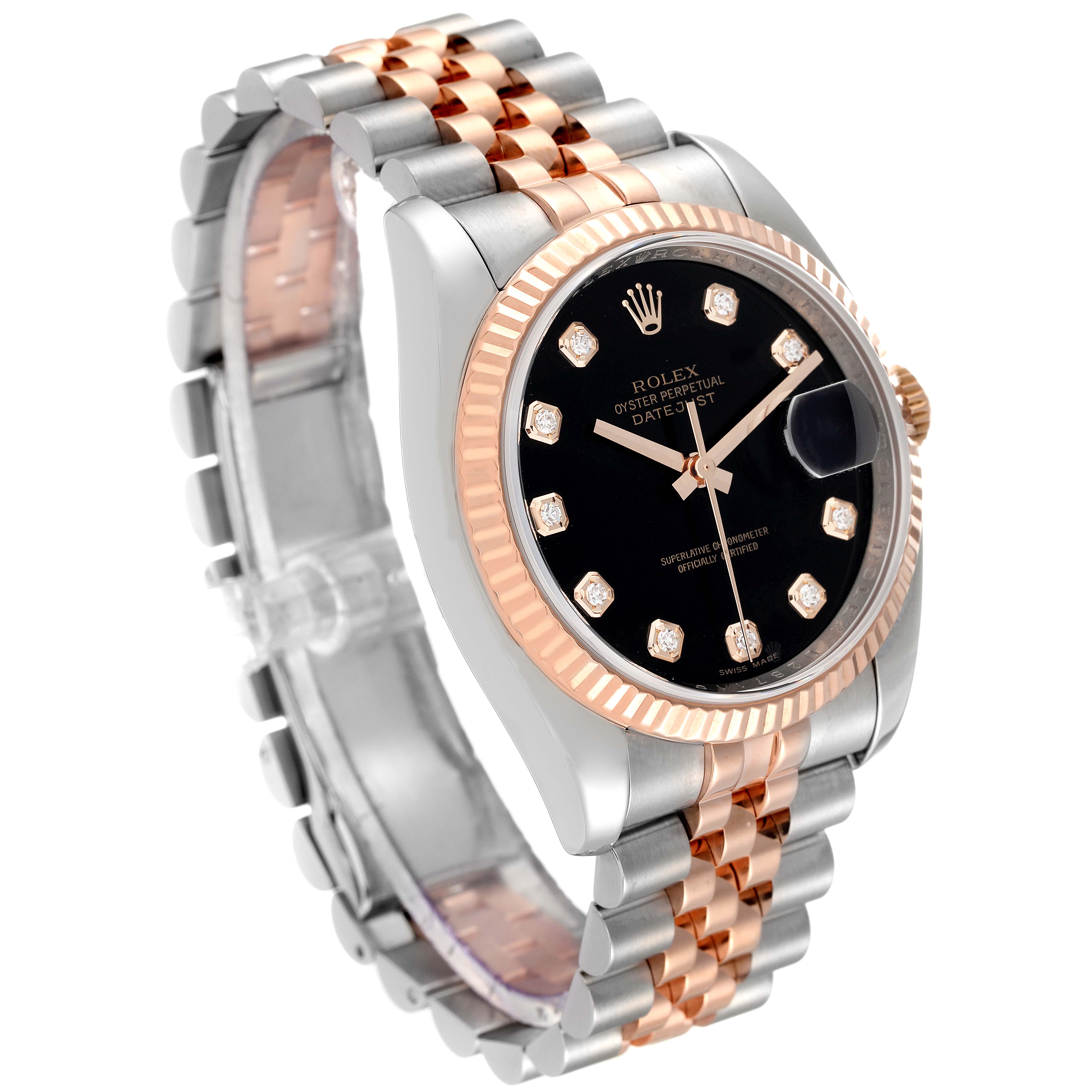 This Rolex Datejust 116231 Men's Steel and Gold (two tone) Black Dial 116231 Men's Steel and Gold (two tone) Black Dial watch is shown at a 3/4 angle, displaying the face, bezel, and part of the bracelet.