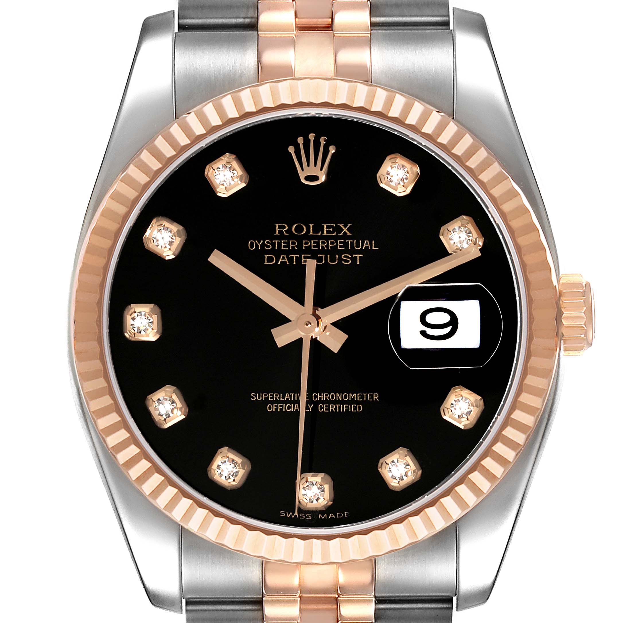 This image shows a front view of the Rolex Datejust 116231 Men's Steel and Gold (two tone) Black Dial 116231 Men's Steel and Gold (two tone) Black Dial watch, highlighting its black dial, diamond hour markers, and two-tone bracelet.