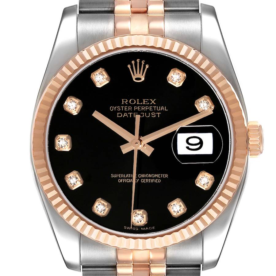 Rolex Datejust Steel Rose Gold Black Diamond Dial Mens Watch 116231 SwissWatchExpo