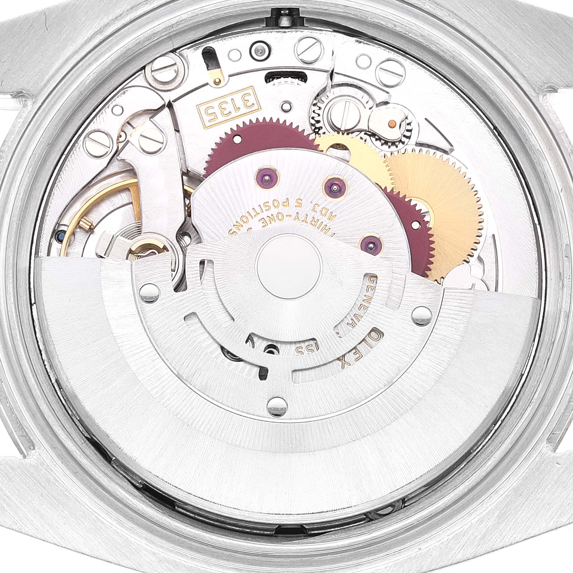 This image showcases the internal movement of a Rolex Datejust 116231 Men's Steel and Gold (two tone) Black Dial 116231 Men's Steel and Gold (two tone) Black Dial watch, taken from a back angle with the case removed.