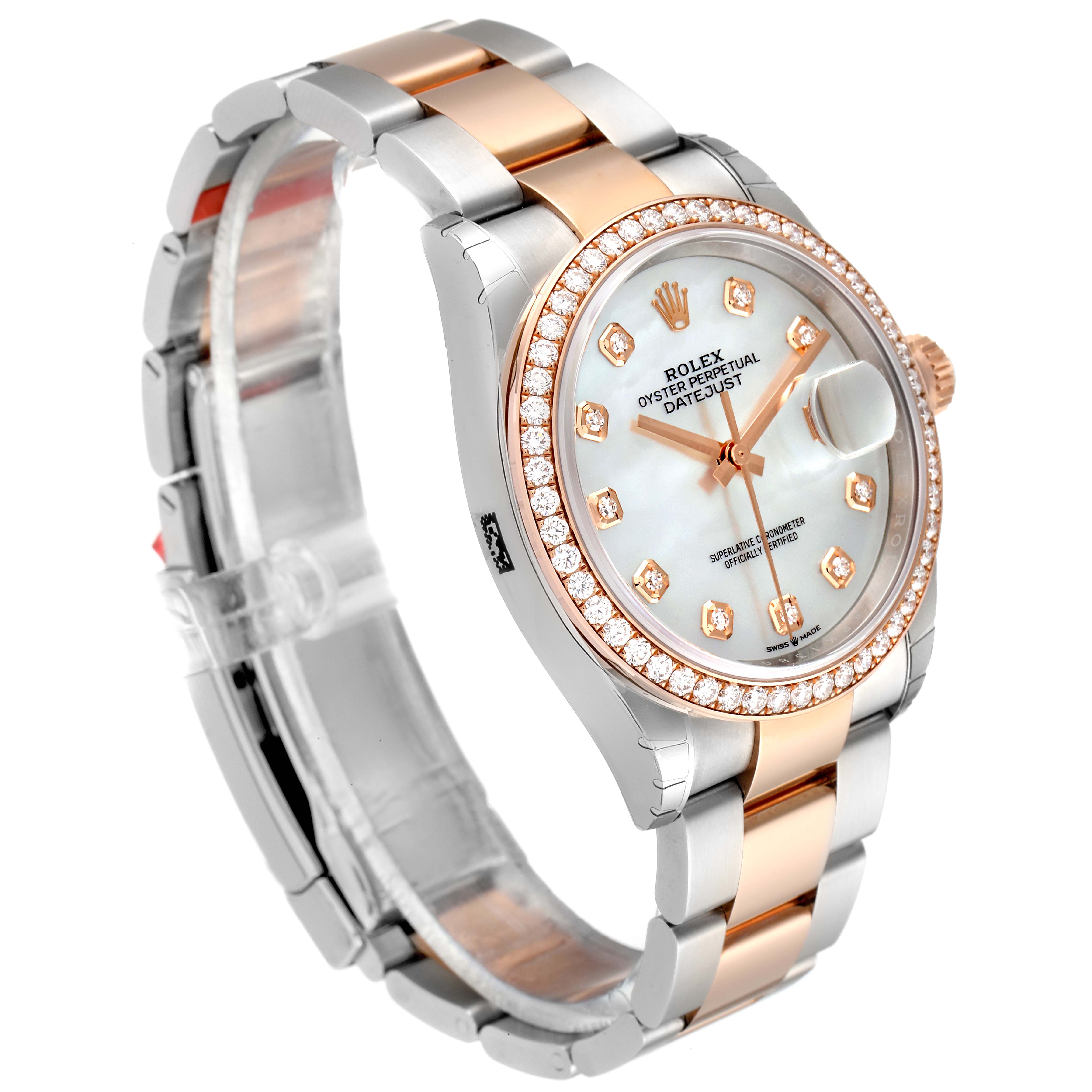The Rolex Datejust 126281 Men's Steel and Gold (two tone) Mother of Pearl Dial 126281 Men's Steel and Gold (two tone) Mother of Pearl Dial watch is shown at a three-quarter angle, highlighting its bezel, dial, and bracelet.