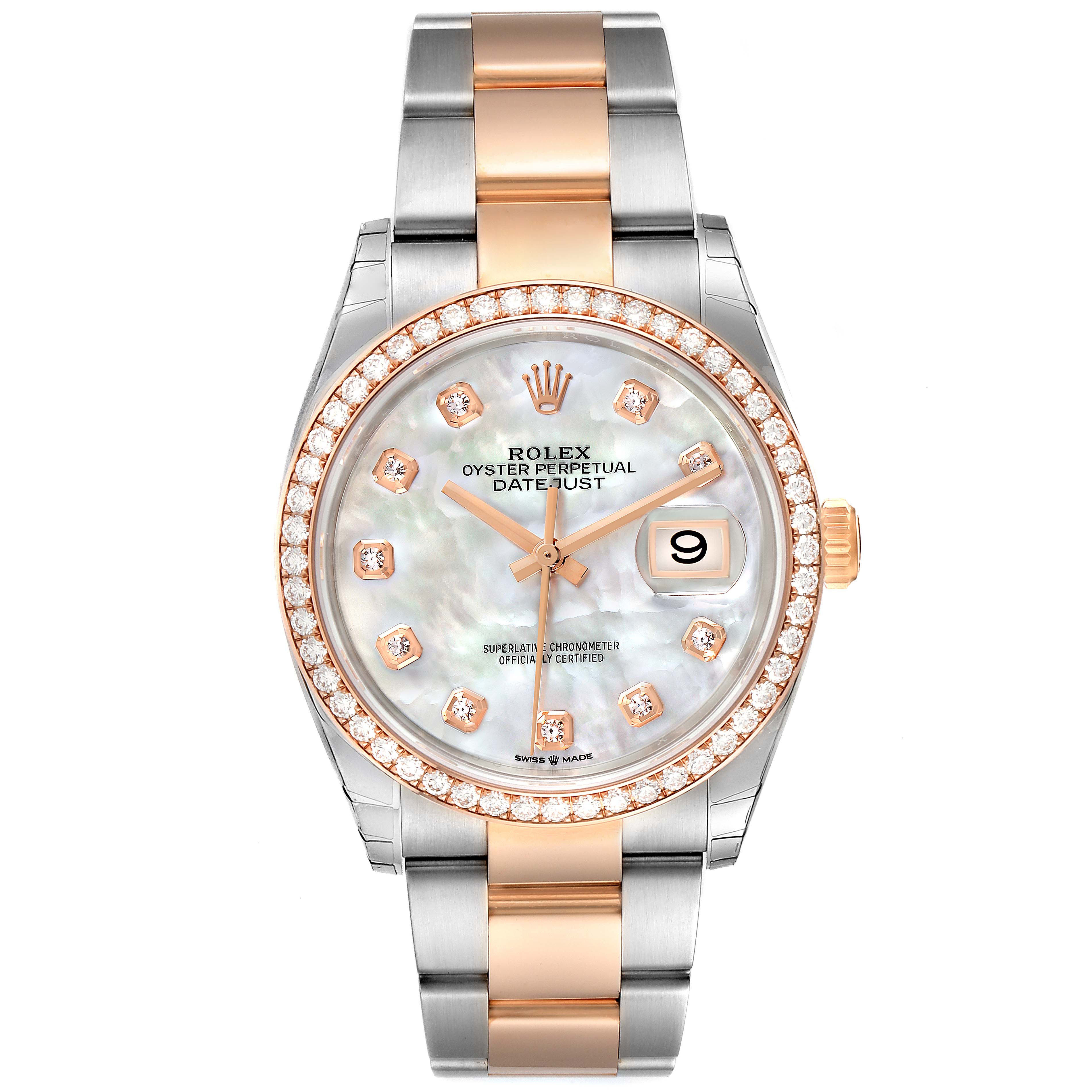 The image shows a frontal view of a Rolex Datejust 126281 Men's Steel and Gold (two tone) Mother of Pearl Dial 126281 Men's Steel and Gold (two tone) Mother of Pearl Dial watch with a two-tone metal band and diamond bezel.