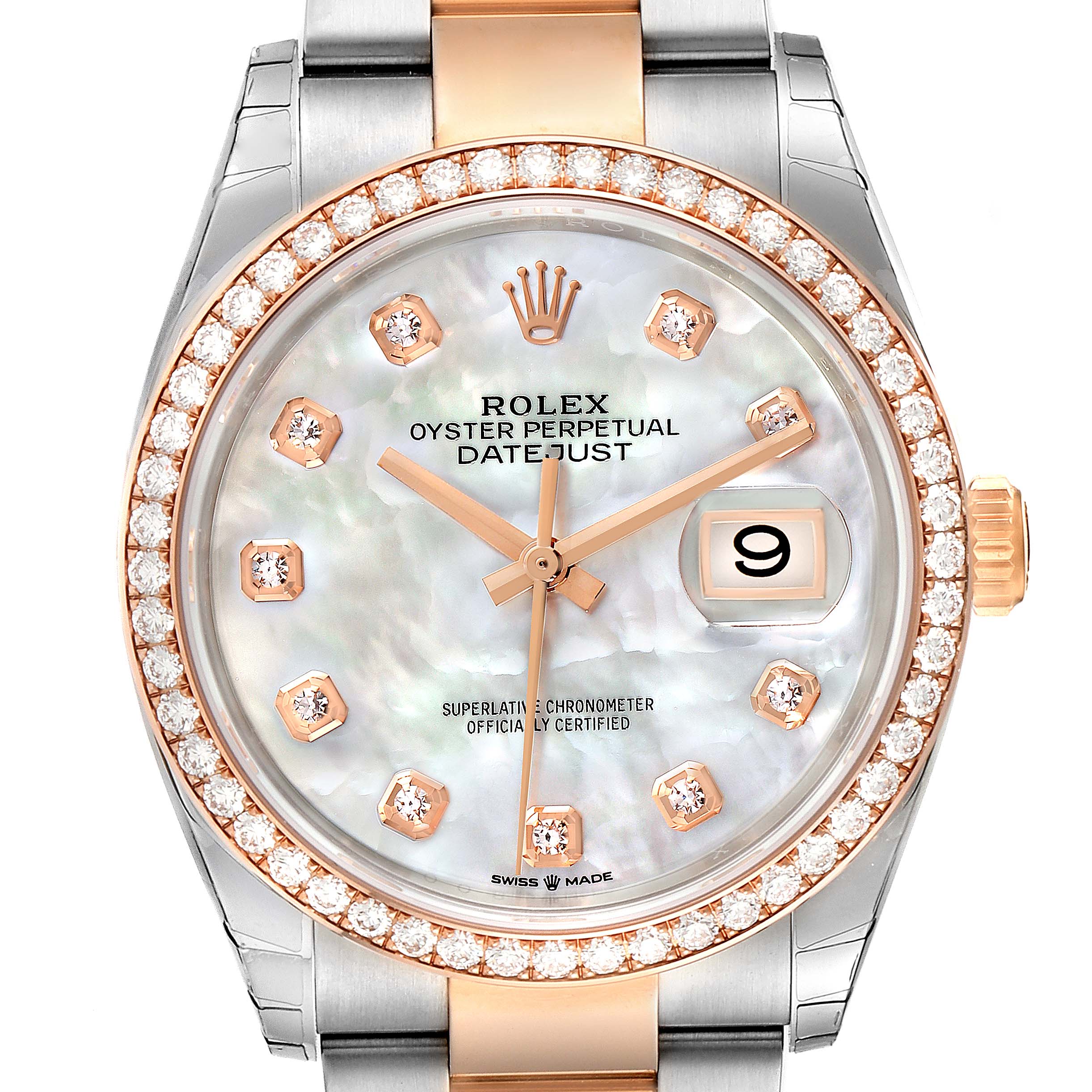 The image shows a front view of a Rolex Datejust 126281 Men's Steel and Gold (two tone) Mother of Pearl Dial 126281 Men's Steel and Gold (two tone) Mother of Pearl Dial watch with a diamond bezel and mother-of-pearl dial.