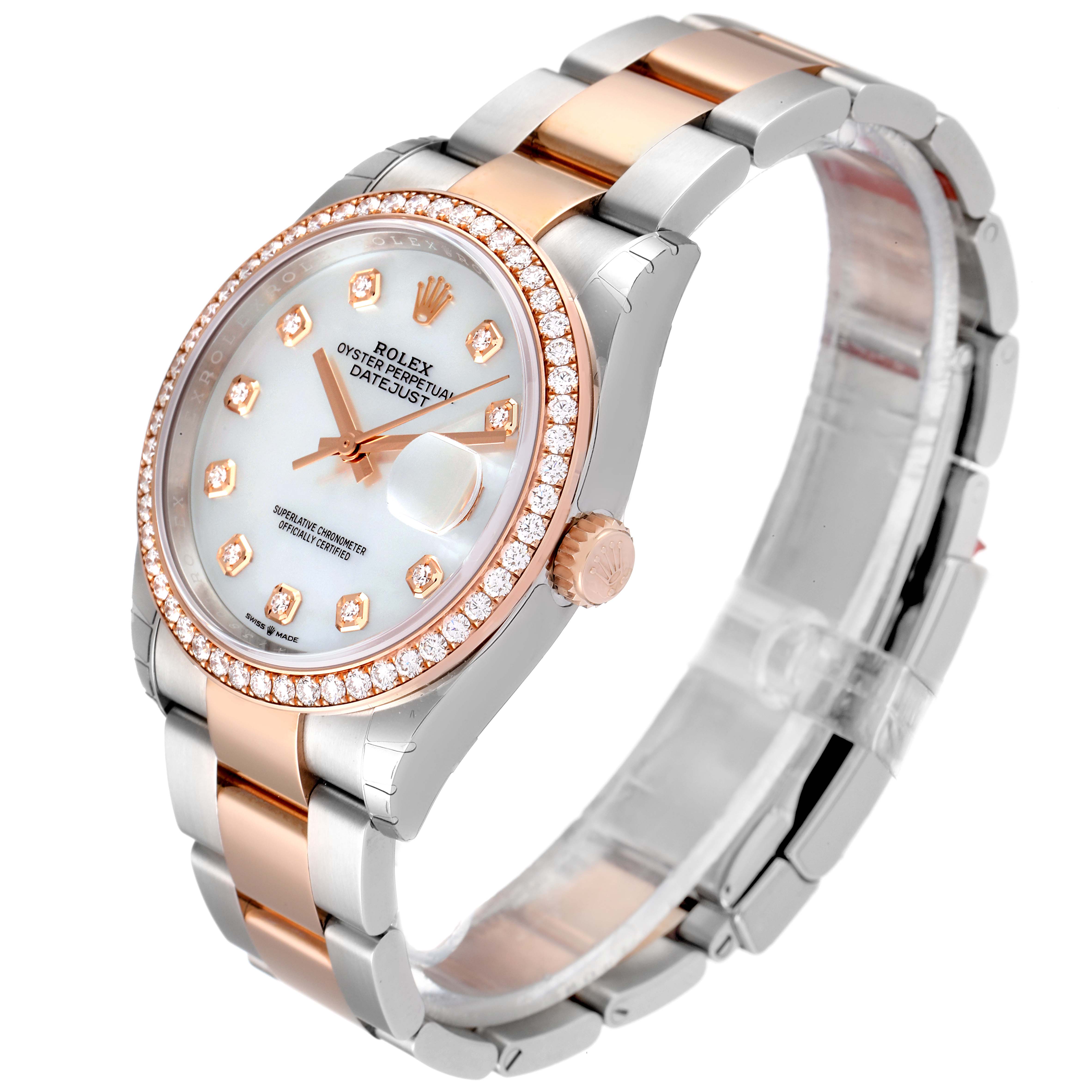 The image shows a Rolex Datejust 126281 Men's Steel and Gold (two tone) Mother of Pearl Dial 126281 Men's Steel and Gold (two tone) Mother of Pearl Dial watch from a three-quarter angle, featuring the face, bezel, and bracelet.