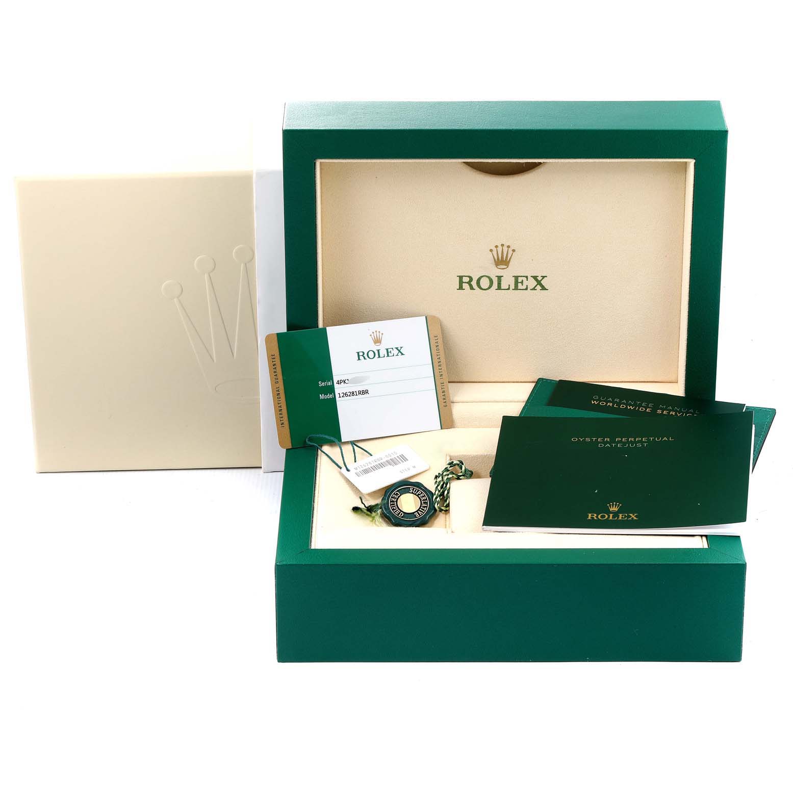 This image shows the packaging and accessories of the Rolex Datejust 126281 Men's Steel and Gold (two tone) Mother of Pearl Dial 126281 Men's Steel and Gold (two tone) Mother of Pearl Dial, including the box, instruction manuals, and tags.