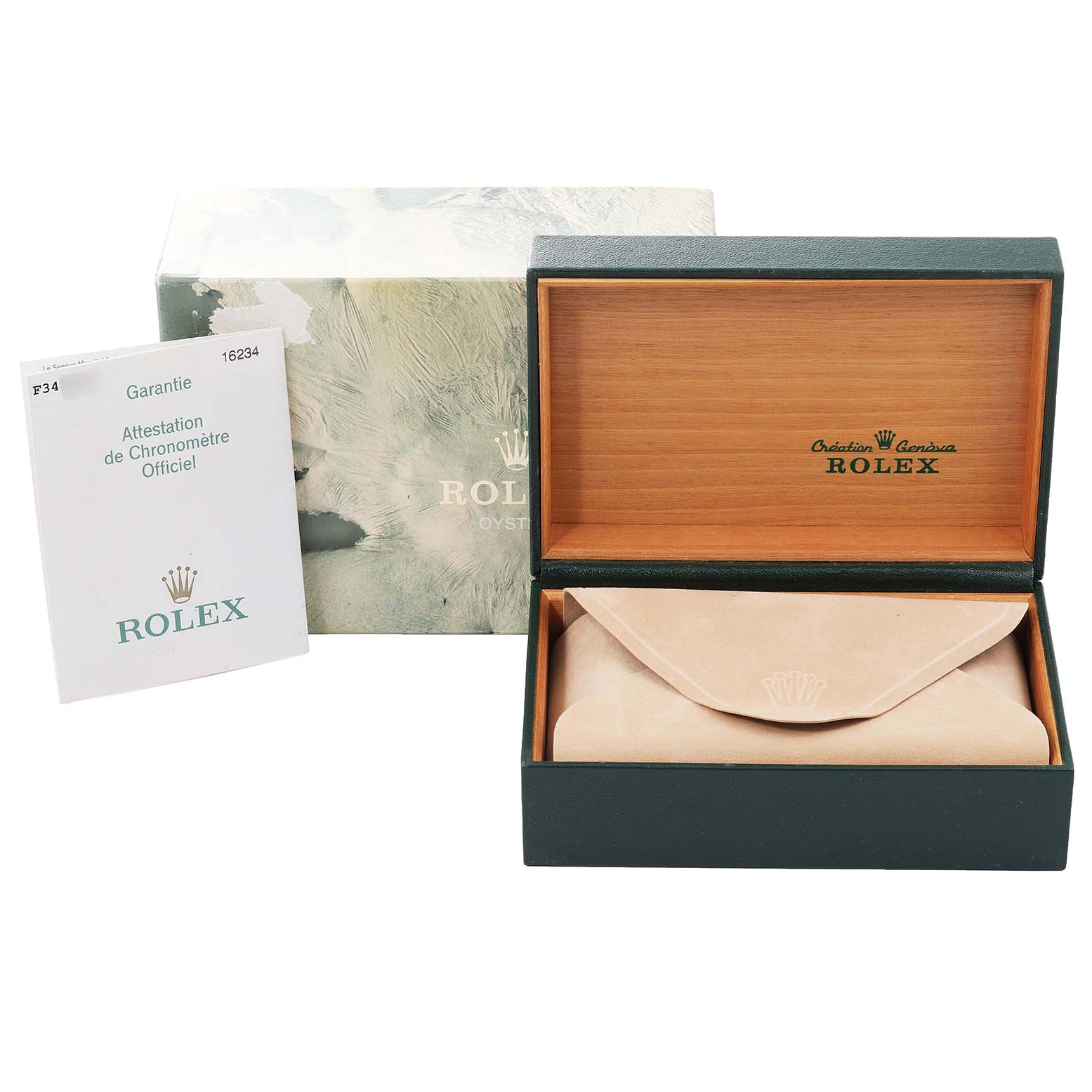 The image shows the packaging, warranty booklet, and an empty leather pouch for the Rolex Datejust 16234 Men's Stainless Steel Black Dial 16234 Men's Stainless Steel Black Dial watch.