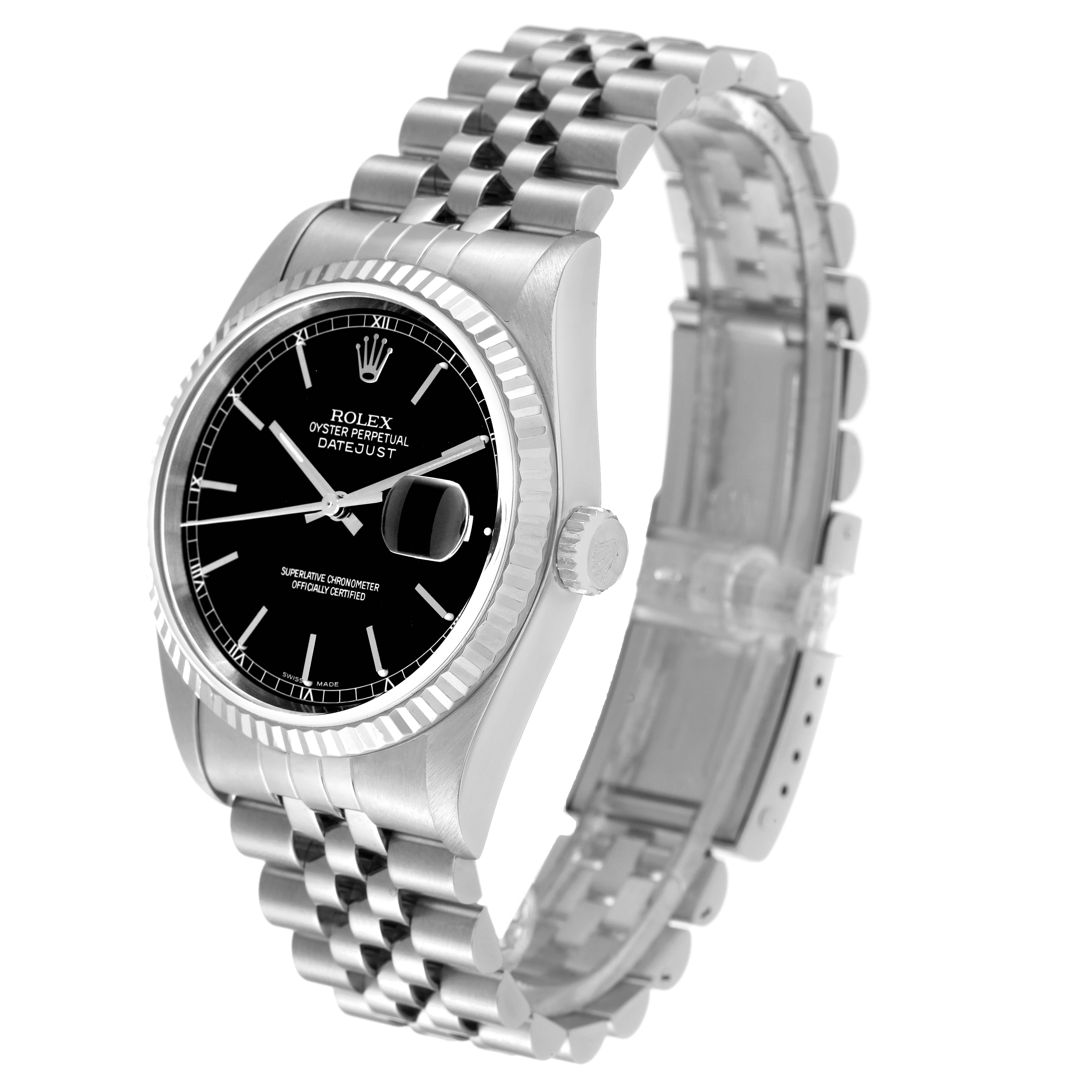 This image shows a Rolex Datejust 16234 Men's Stainless Steel Black Dial 16234 Men's Stainless Steel Black Dial watch at a front-angle, displaying its face, crown, and bracelet.