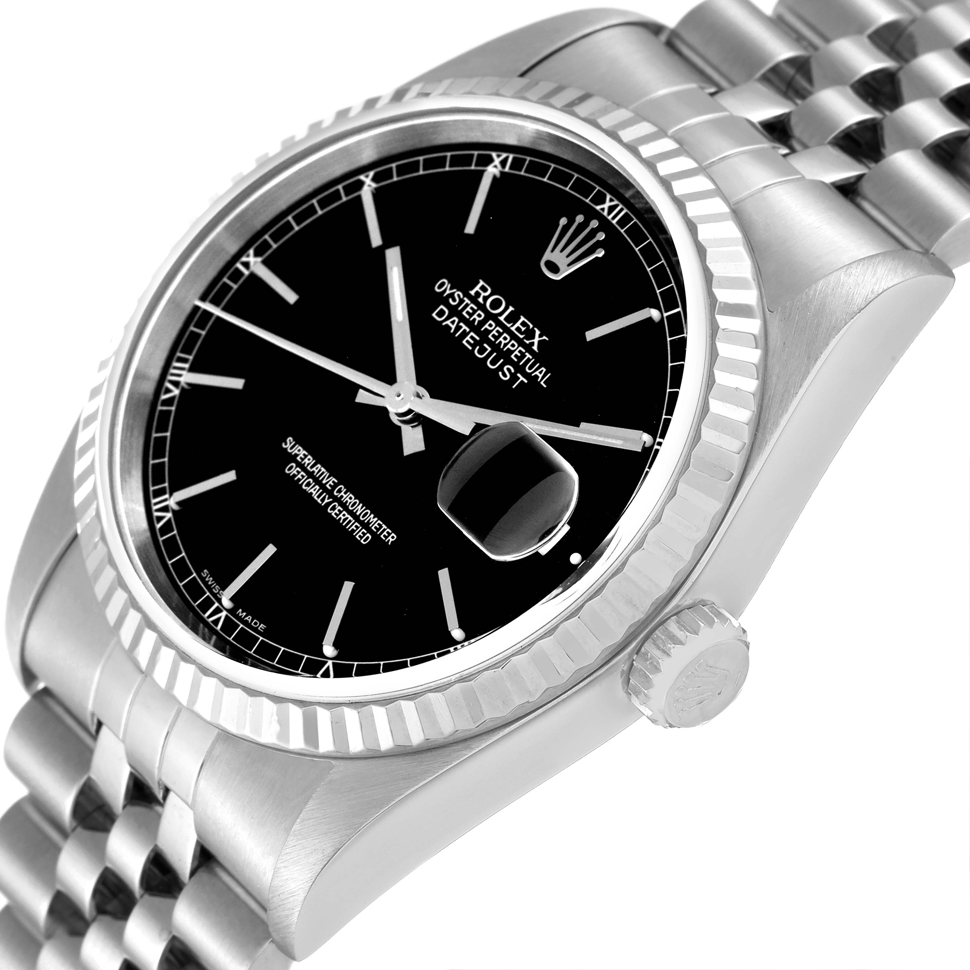The image shows a close-up side angle of the Rolex Datejust 16234 Men's Stainless Steel Black Dial 16234 Men's Stainless Steel Black Dial, focusing on its black dial, fluted bezel, and jubilee bracelet.