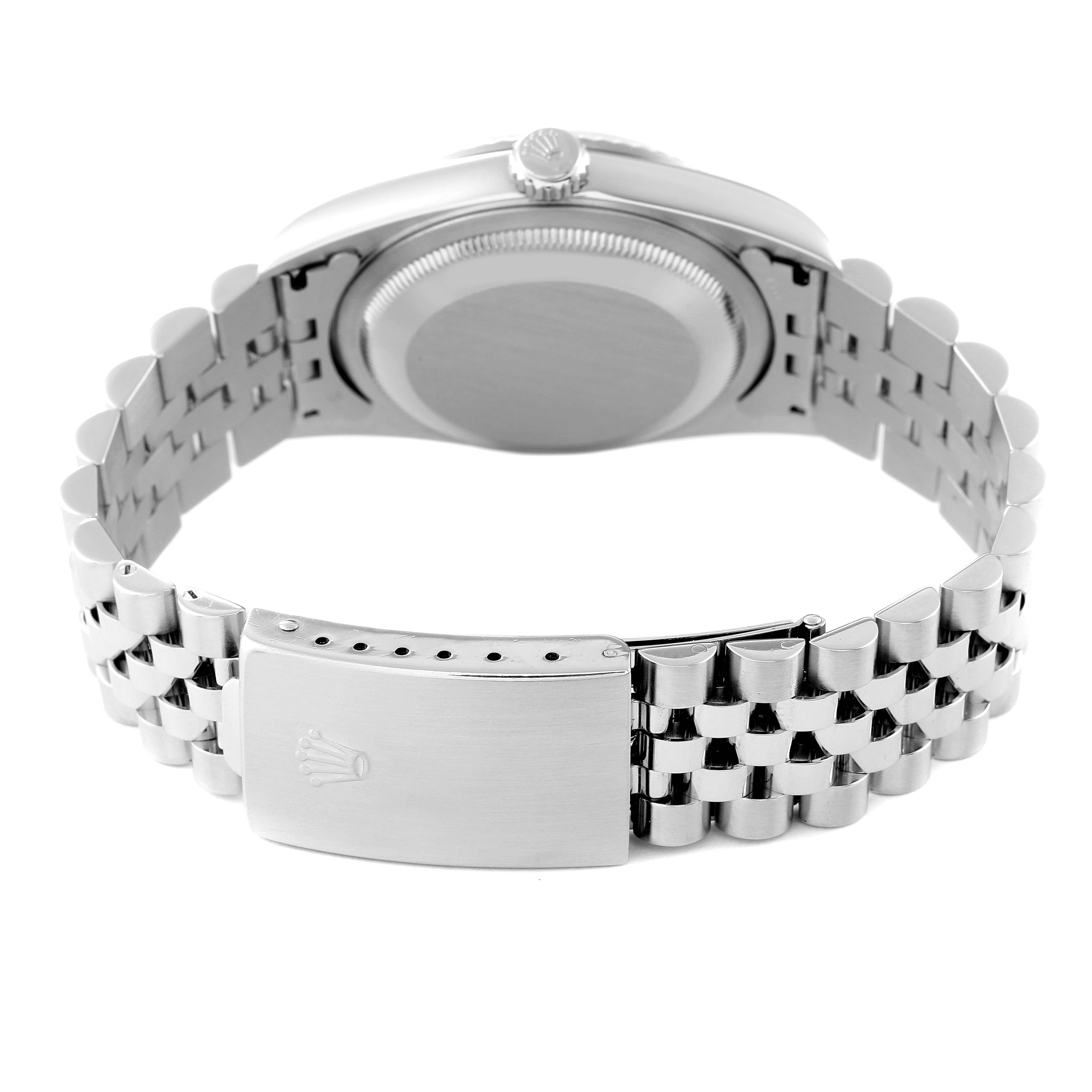 The image shows the back view of a Rolex Datejust 16234 Men's Stainless Steel Black Dial 16234 Men's Stainless Steel Black Dial watch, focusing on the case back and bracelet with the clasp visible.