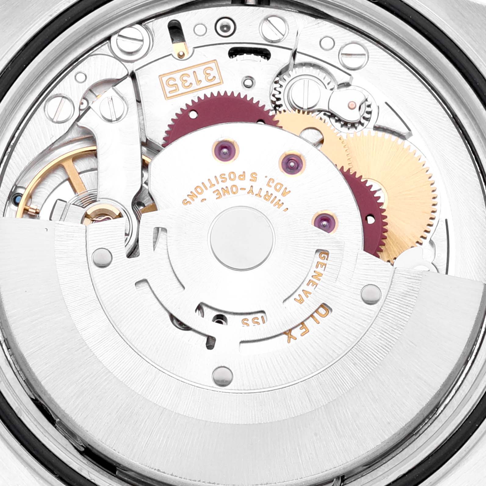The image shows a close-up view of the Datejust Rolex watch movement, highlighting its intricate mechanical parts.