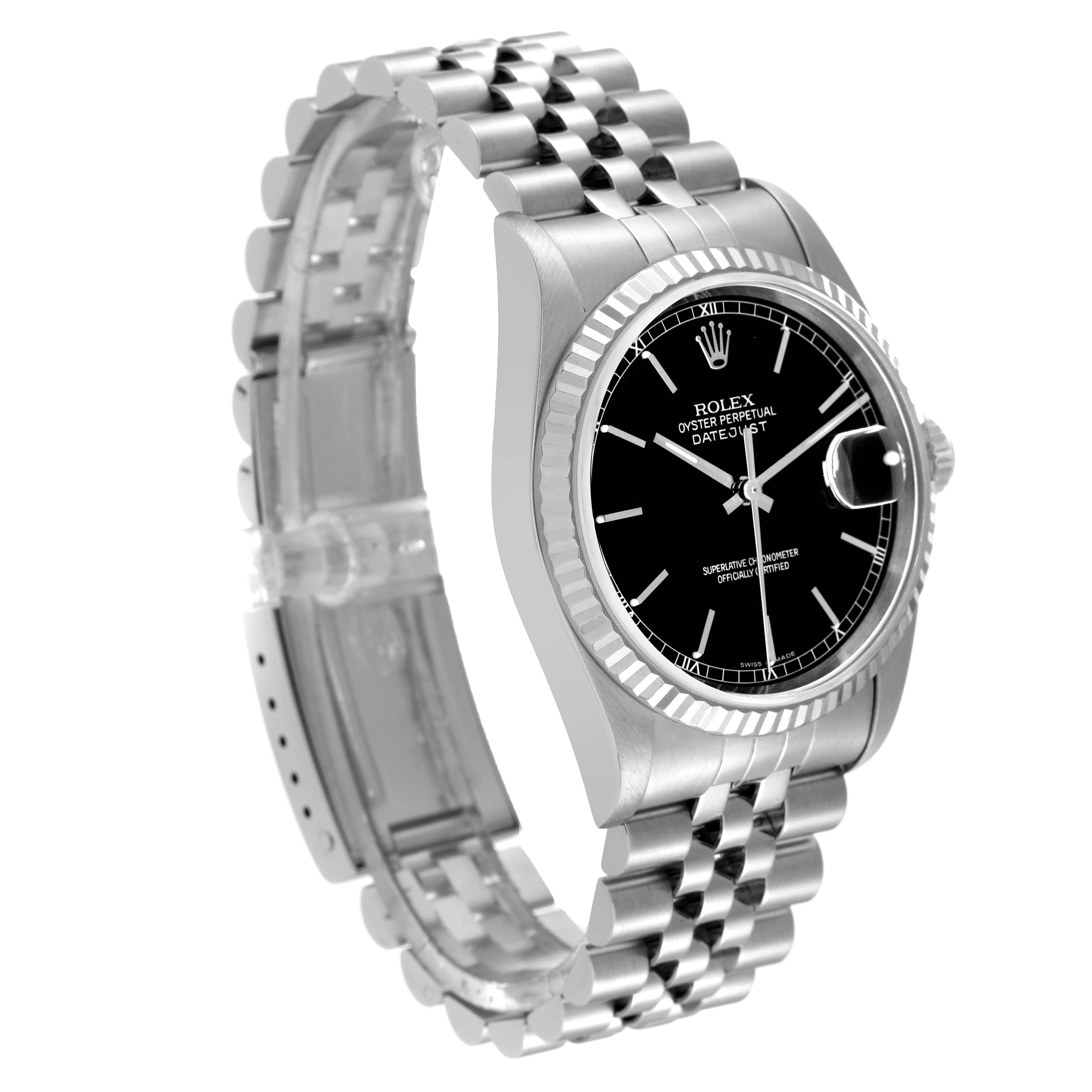 The Rolex Datejust 16234 Men's Stainless Steel Black Dial 16234 Men's Stainless Steel Black Dial is shown at a three-quarter angle, displaying the black dial, fluted bezel, case, and metal bracelet.