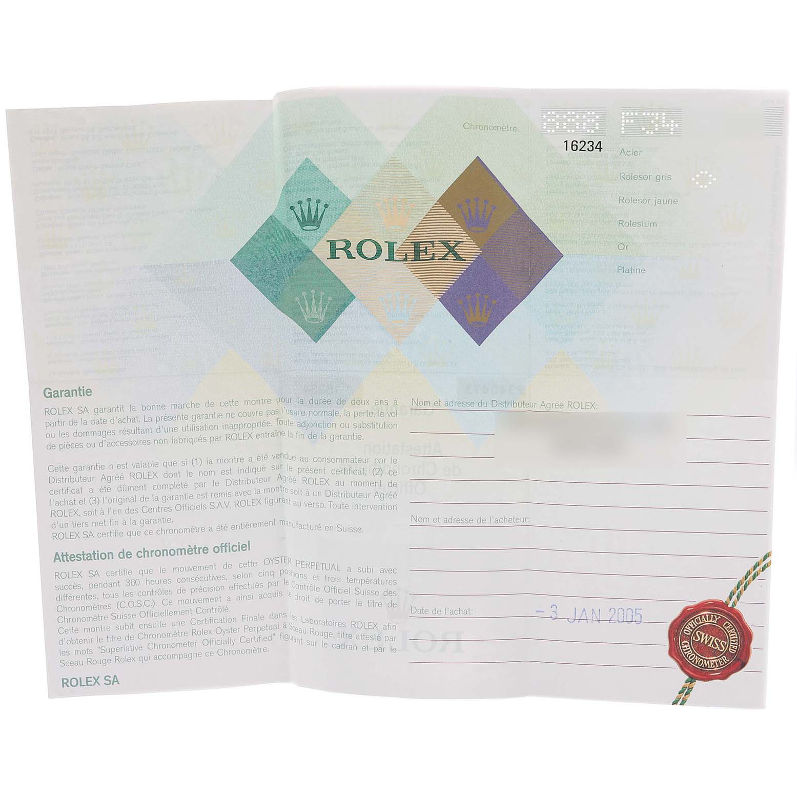 This image shows a warranty certificate for the Rolex Datejust 16234 Men's Stainless Steel Black Dial 16234 Men's Stainless Steel Black Dial model.