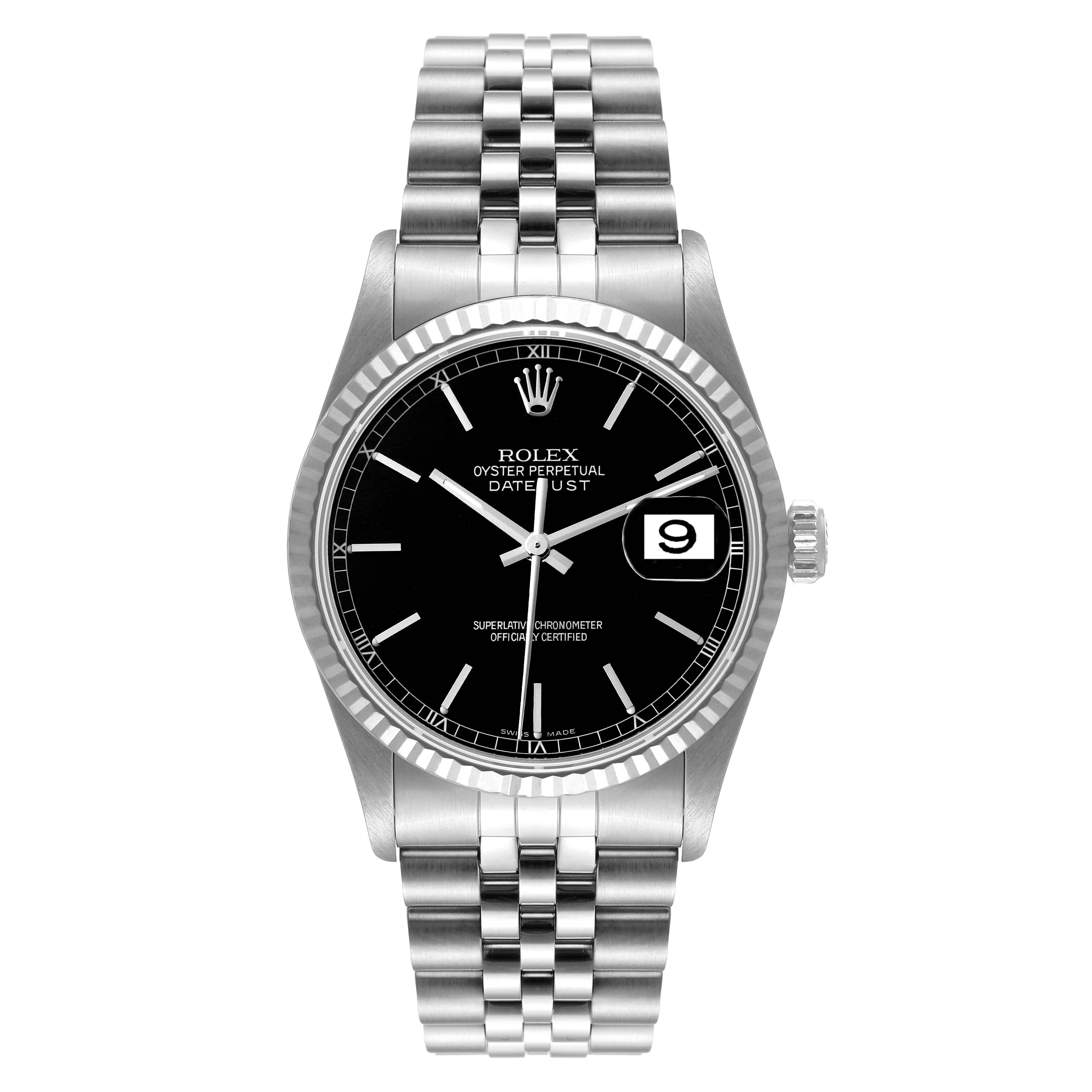 The Rolex Datejust 16234 Men's Stainless Steel Black Dial 16234 Men's Stainless Steel Black Dial watch is shown from a straight-on angle, displaying its face, bezel, crown, and stainless steel bracelet.