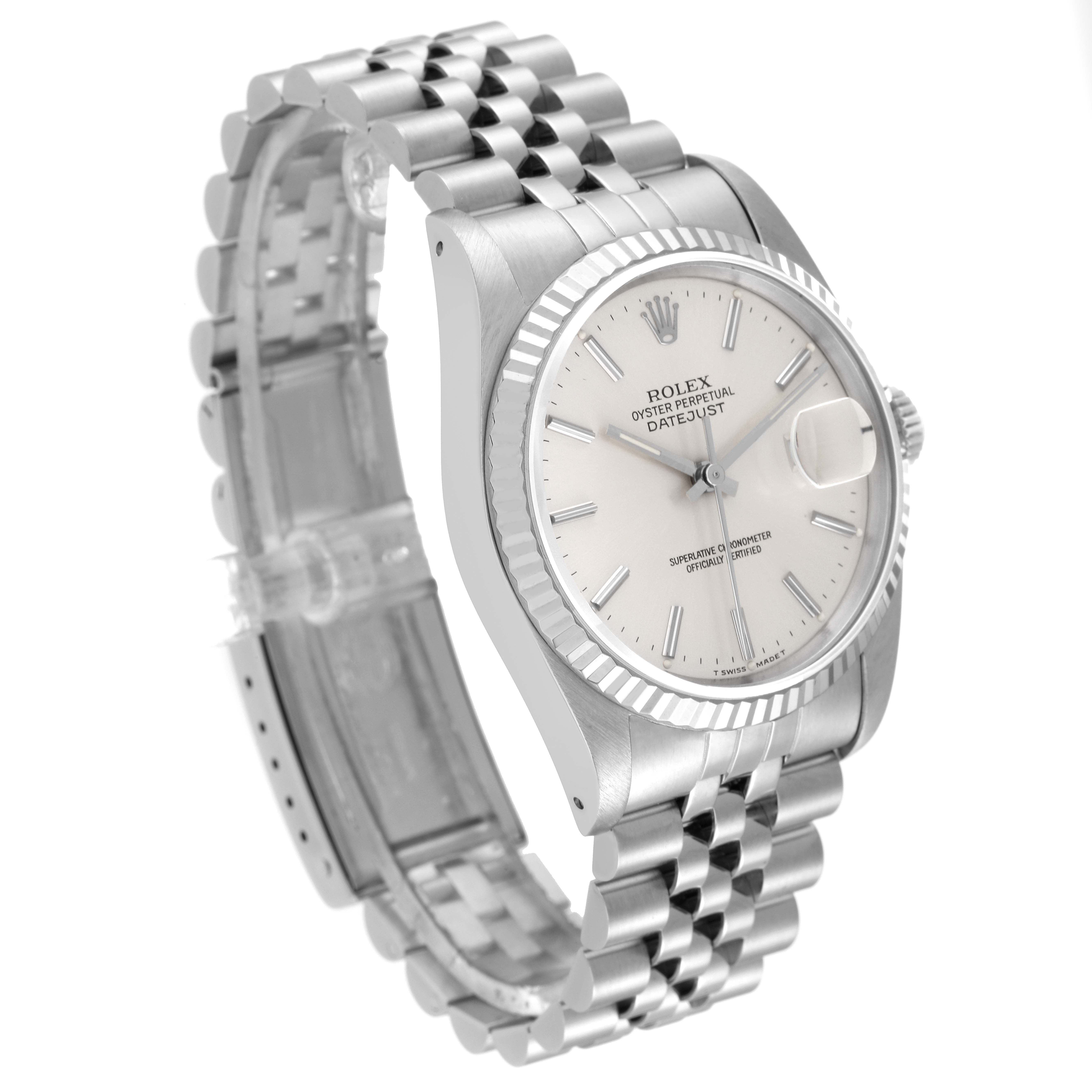 This image shows a side angle view of a Rolex Datejust 16234 Men's Stainless Steel Silver Dial 16234 Men's Stainless Steel Silver Dial model, displaying the face, case, bezel, and bracelet.