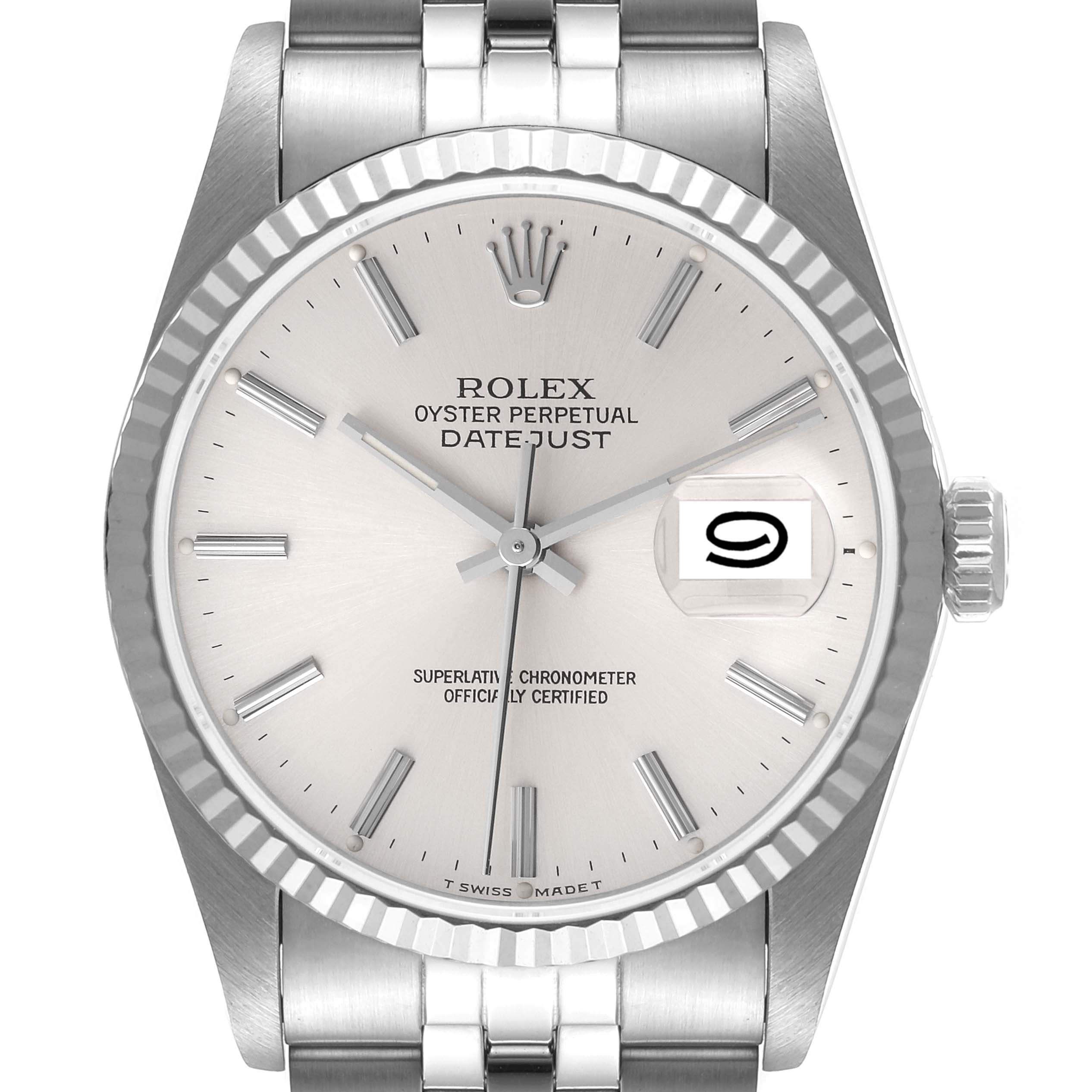 The image shows a front view of the Rolex Datejust 16234 Men's Stainless Steel Silver Dial 16234 Men's Stainless Steel Silver Dial watch, highlighting the dial with the date display and the metal bracelet.