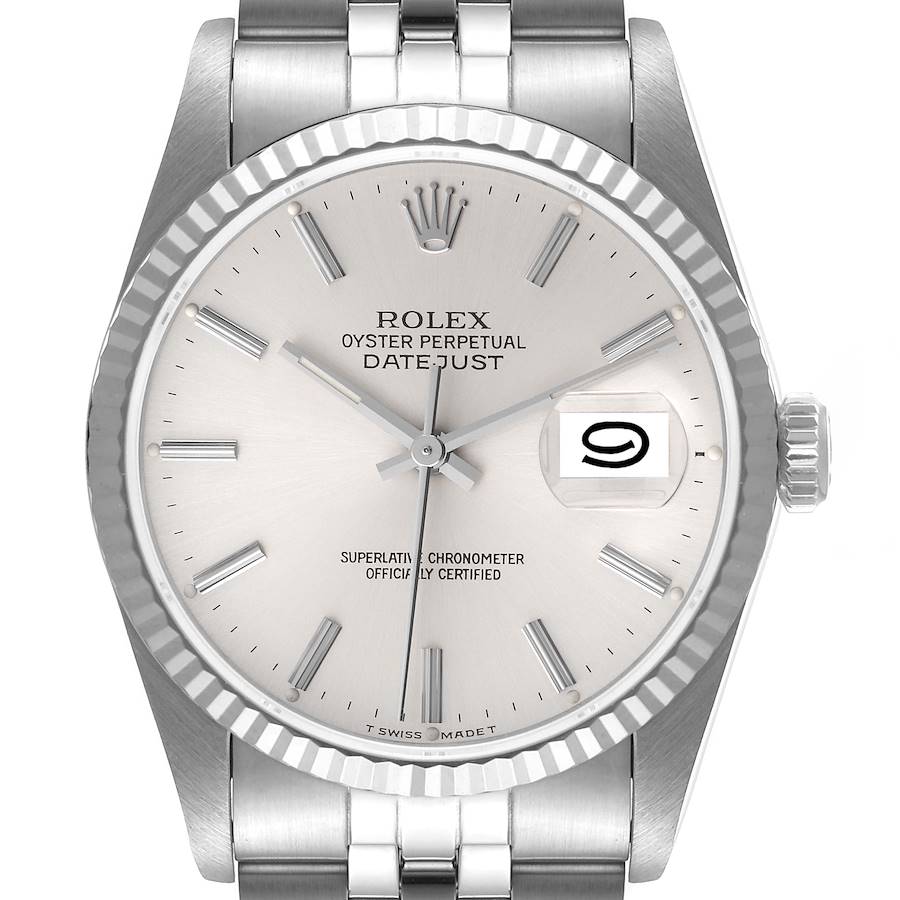 The image shows a front view of the Rolex Datejust watch, highlighting the dial with the date display and the metal bracelet.