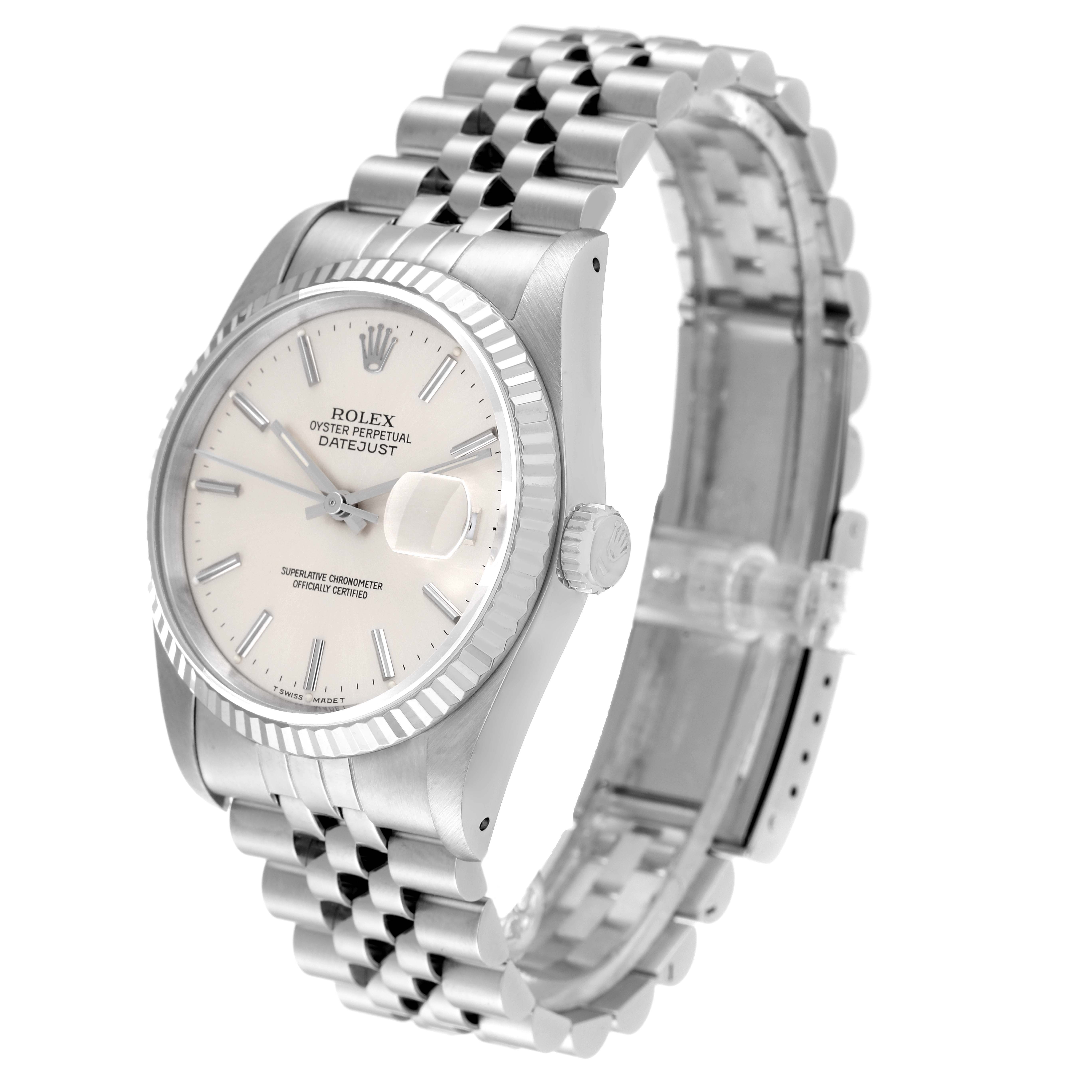 The image shows a Rolex Datejust 16234 Men's Stainless Steel Silver Dial 16234 Men's Stainless Steel Silver Dial watch angled from the side, featuring its bracelet, dial, and crown.