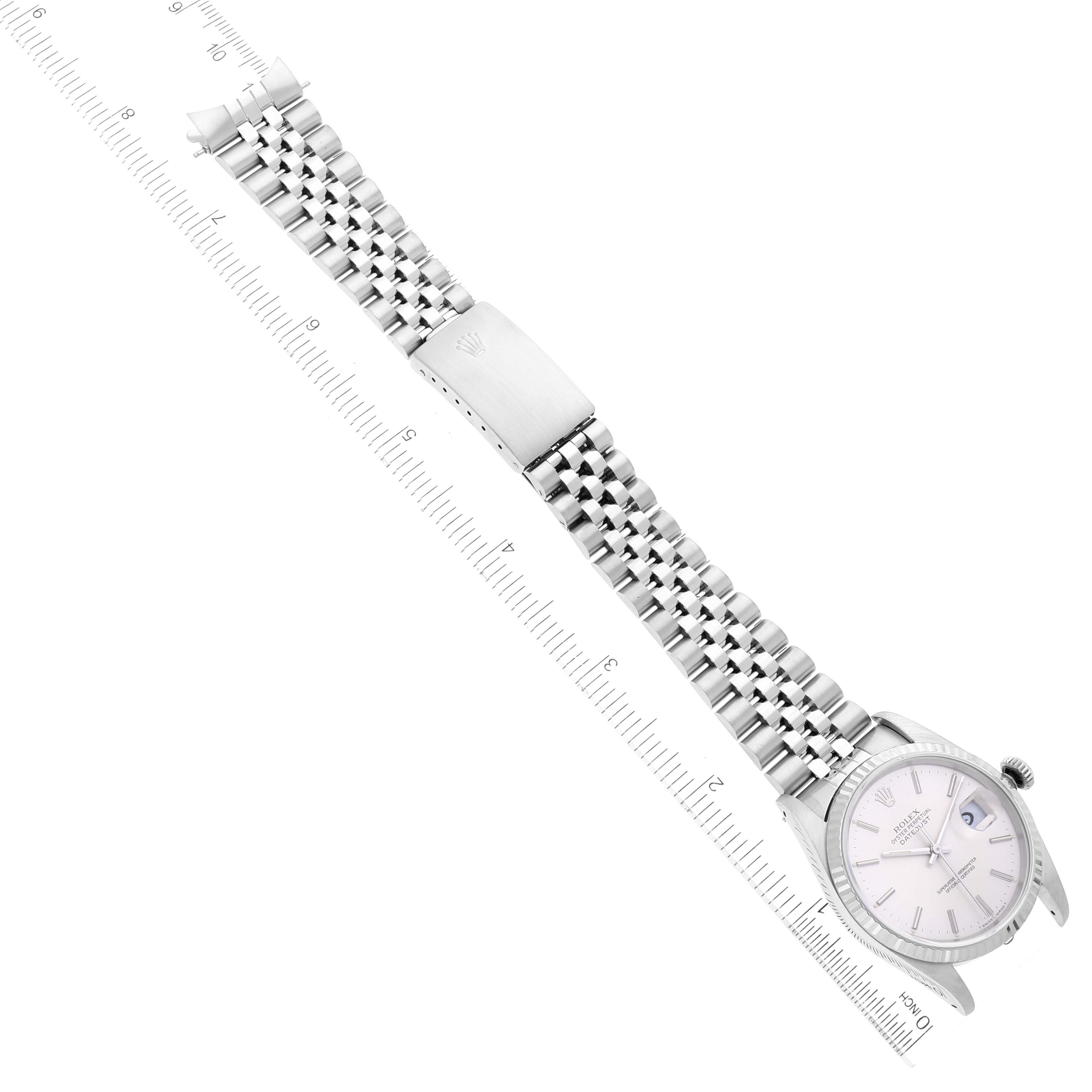 The Rolex Datejust 16234 Men's Stainless Steel Silver Dial 16234 Men's Stainless Steel Silver Dial watch is shown from a top-down angle and includes the face, bezel, bracelet, and clasp.