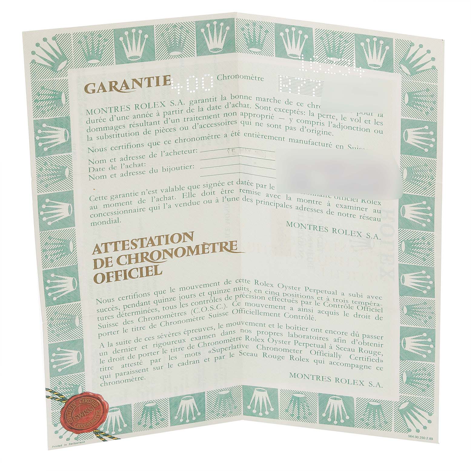 The image shows an open warranty and certificate document for a Rolex Datejust 16234 Men's Stainless Steel Silver Dial 16234 Men's Stainless Steel Silver Dial watch, displayed flat with visible text and logos.