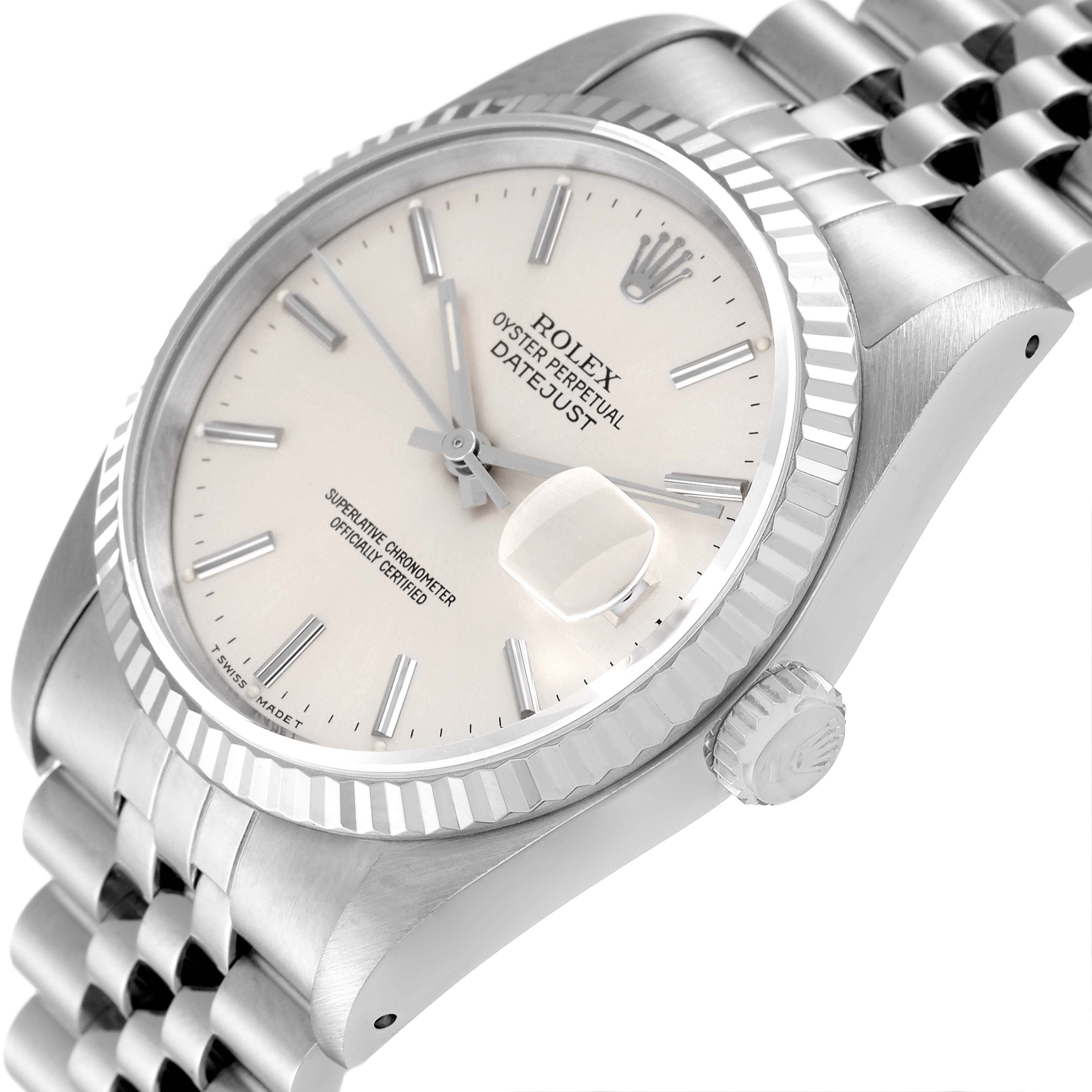 The image shows a side and partial top view of a Rolex Datejust 16234 Men's Stainless Steel Silver Dial 16234 Men's Stainless Steel Silver Dial watch, displaying its silver dial, bezel, and part of the bracelet.
