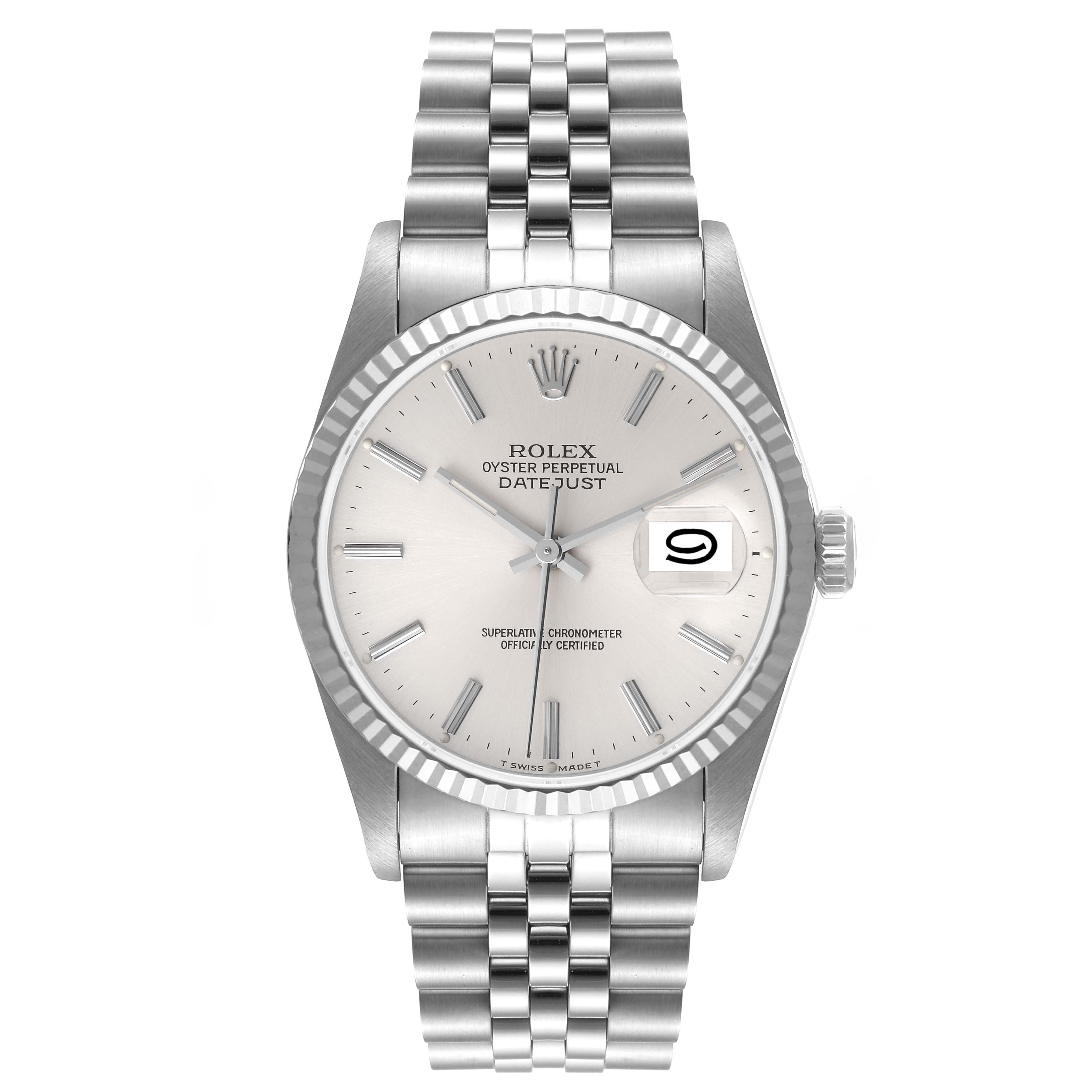 This image shows a frontal view of a Rolex Datejust 16234 Men's Stainless Steel Silver Dial 16234 Men's Stainless Steel Silver Dial watch with a Jubilee bracelet.