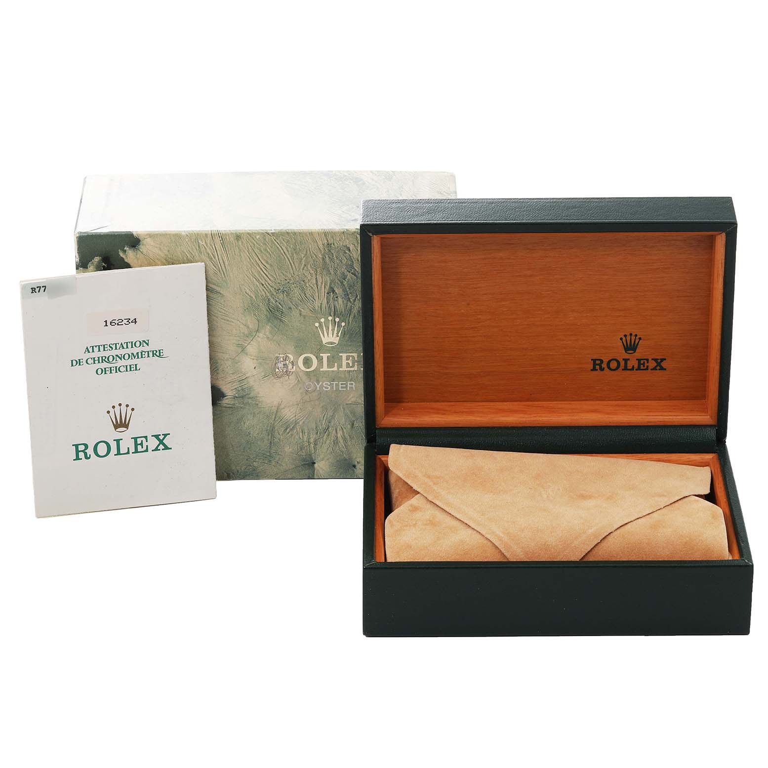 This image shows the packaging, box, and warranty booklet for a Rolex Datejust 16234 Men's Stainless Steel Silver Dial 16234 Men's Stainless Steel Silver Dial model.