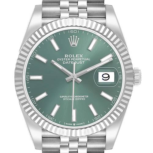 The Rolex Datejust 41 126334 Men's Stainless Steel Green Dial is shown from a front view, highlighting its dial, fluted bezel, and Jubilee bracelet.