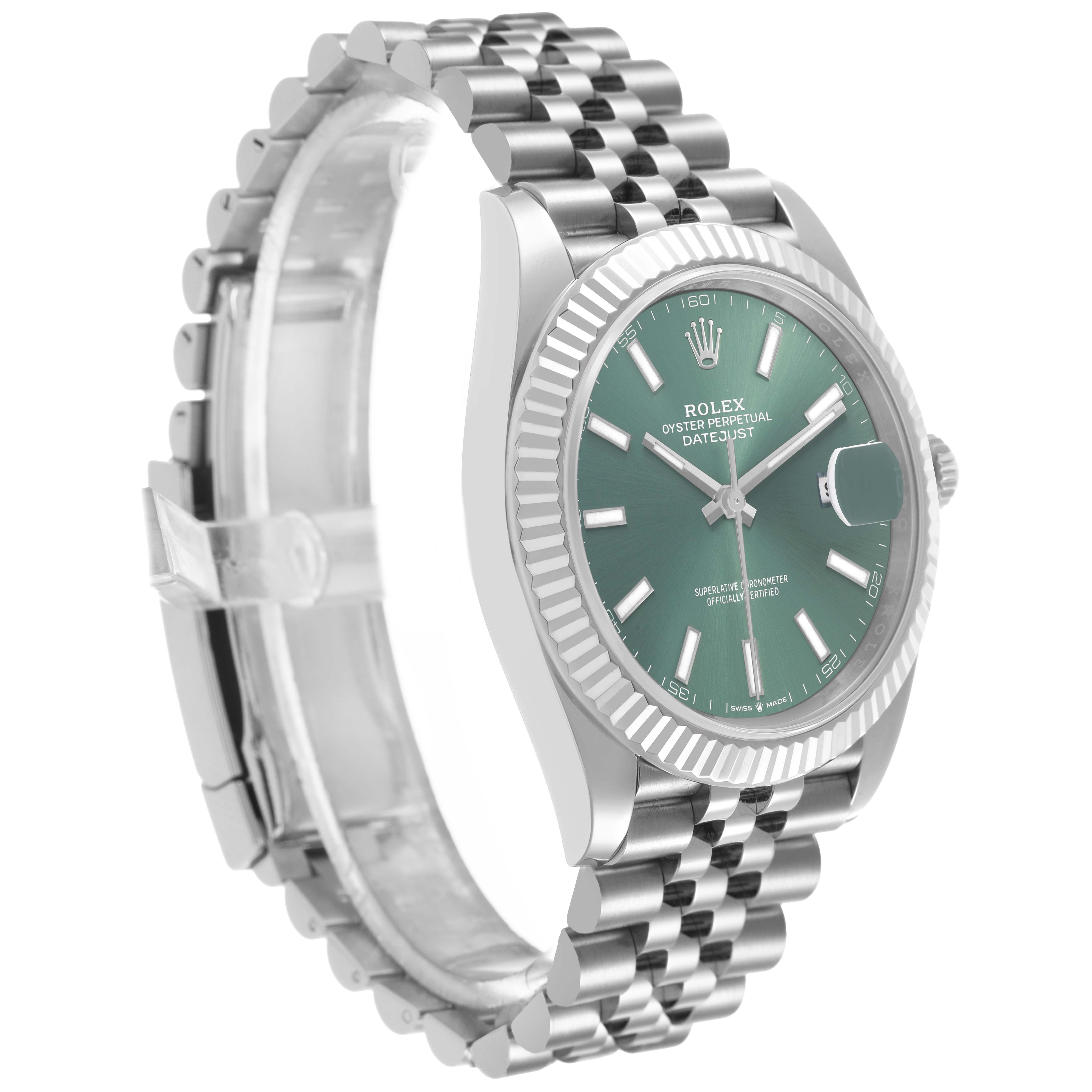 The Rolex Datejust 41 126334 Men's Stainless Steel Green Dial is shown at a three-quarter angle, highlighting the green dial, fluted bezel, and Jubilee bracelet.