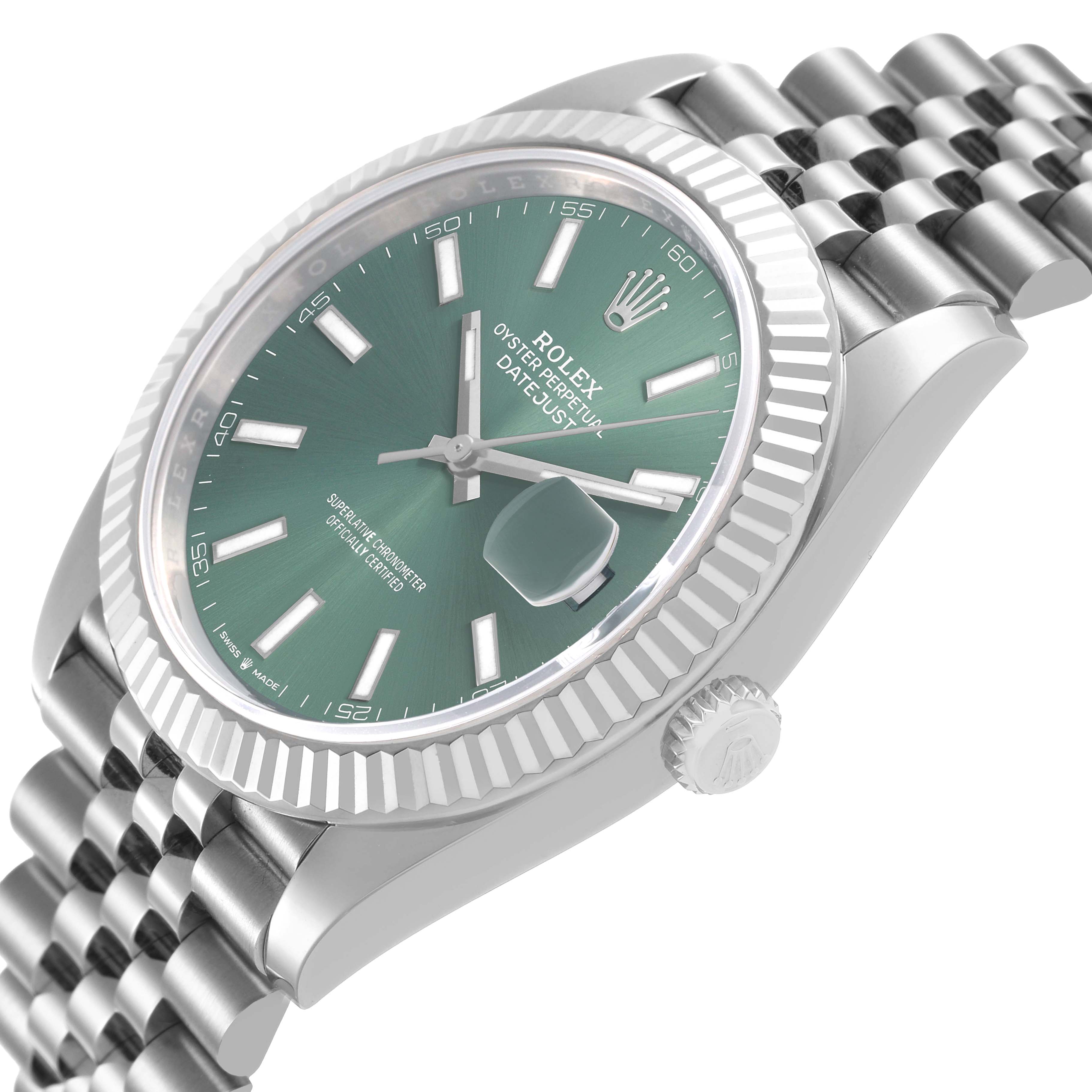 The Rolex Datejust 41 126334 Men's Stainless Steel Green Dial is shown at an oblique angle, highlighting the green dial, fluted bezel, and Jubilee bracelet.