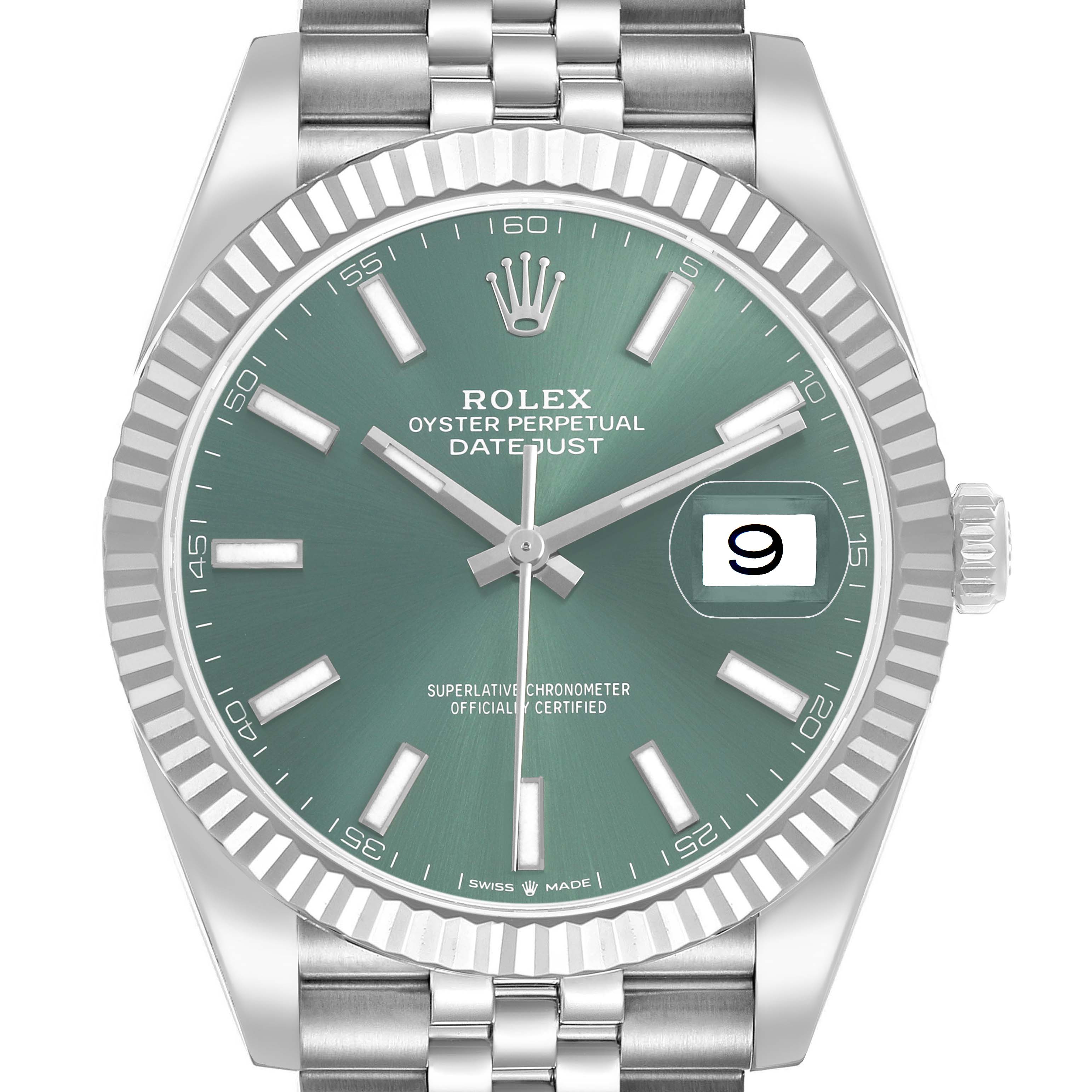 The Rolex Datejust 41 126334 Men's Stainless Steel Green Dial is shown from a front angle, featuring its green dial, fluted bezel, bracelet, and date window with cyclops lens.