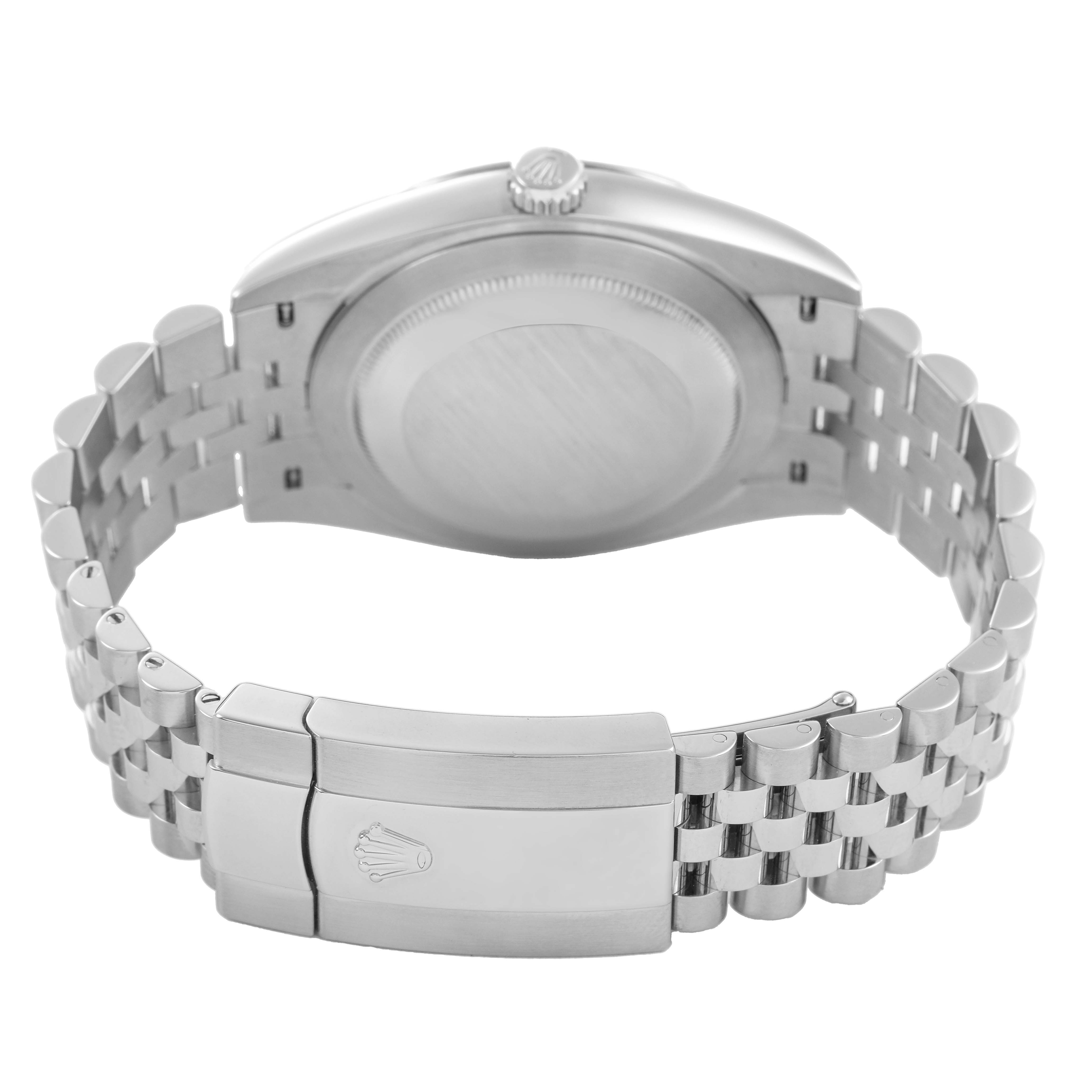 The image shows the back case, crown, and bracelet clasp of the Rolex Datejust 41 126334 Men's Stainless Steel Green Dial.