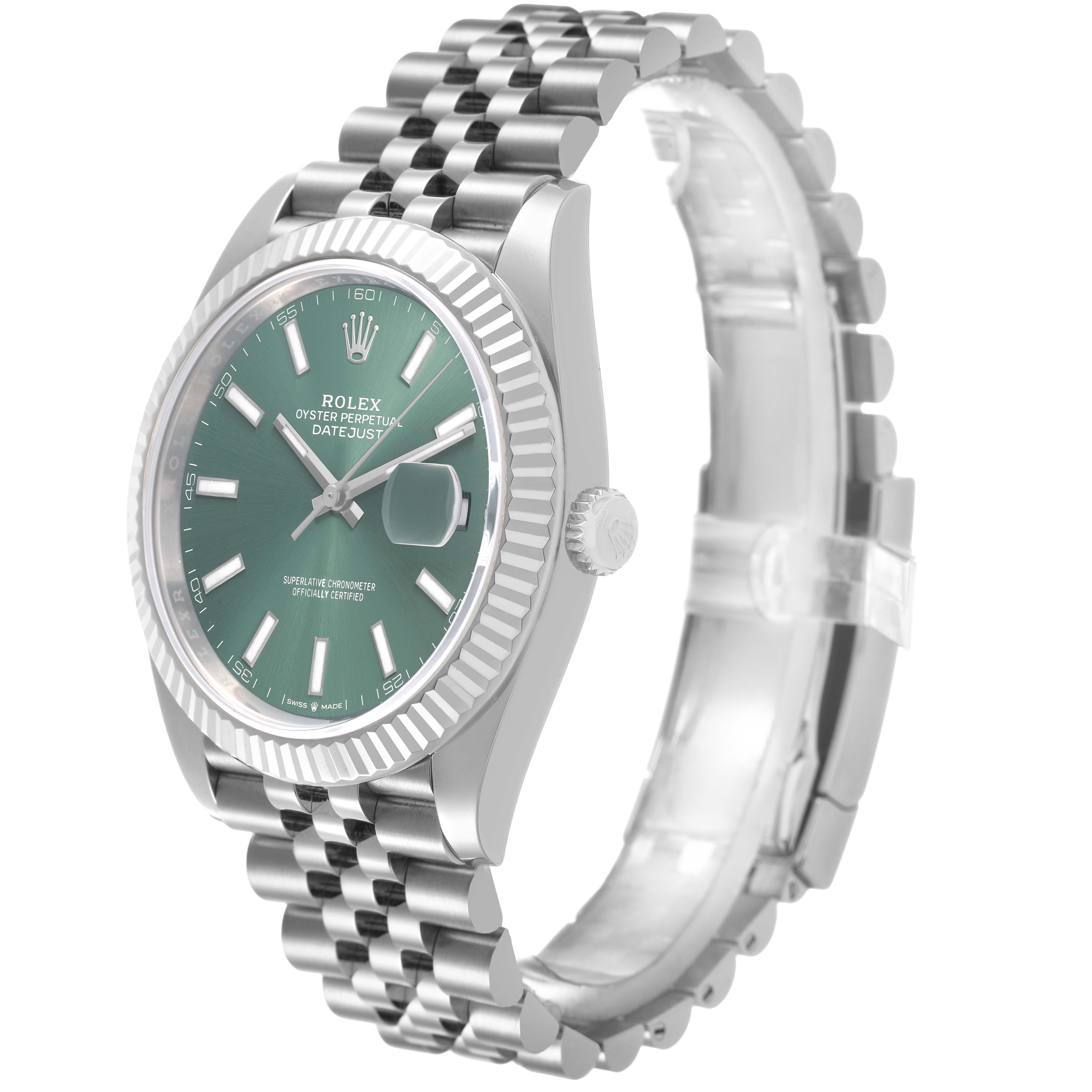 The Rolex Datejust 41 126334 Men's Stainless Steel Green Dial is shown at a slight angle, highlighting the green dial, jubilee bracelet, and fluted bezel.