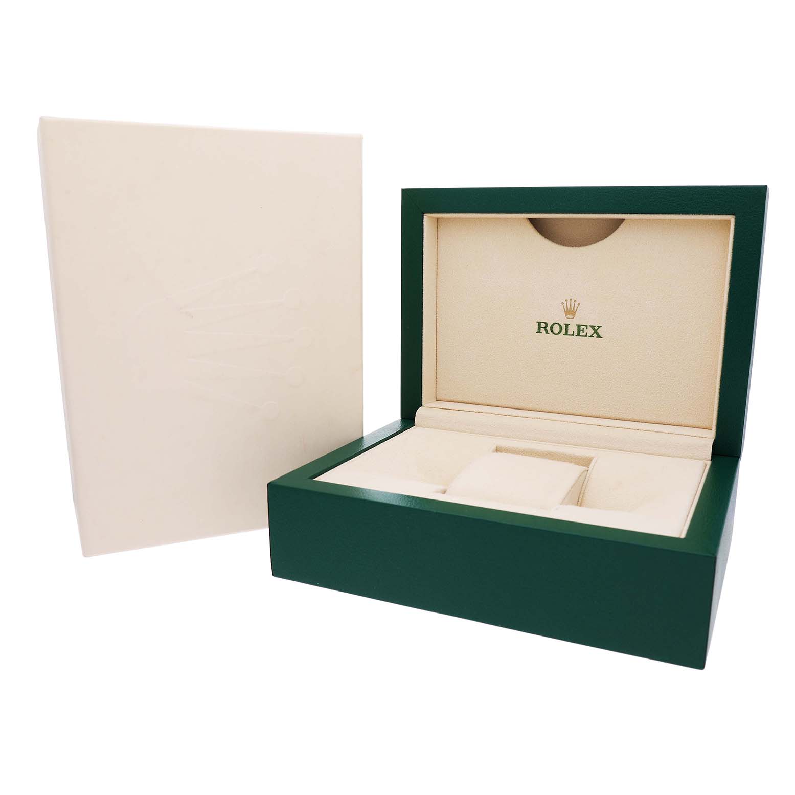 This image shows an open Rolex Datejust 41 126334 Men's Stainless Steel Green Dial watch box at a three-quarter angle with the interior and cushion visible.