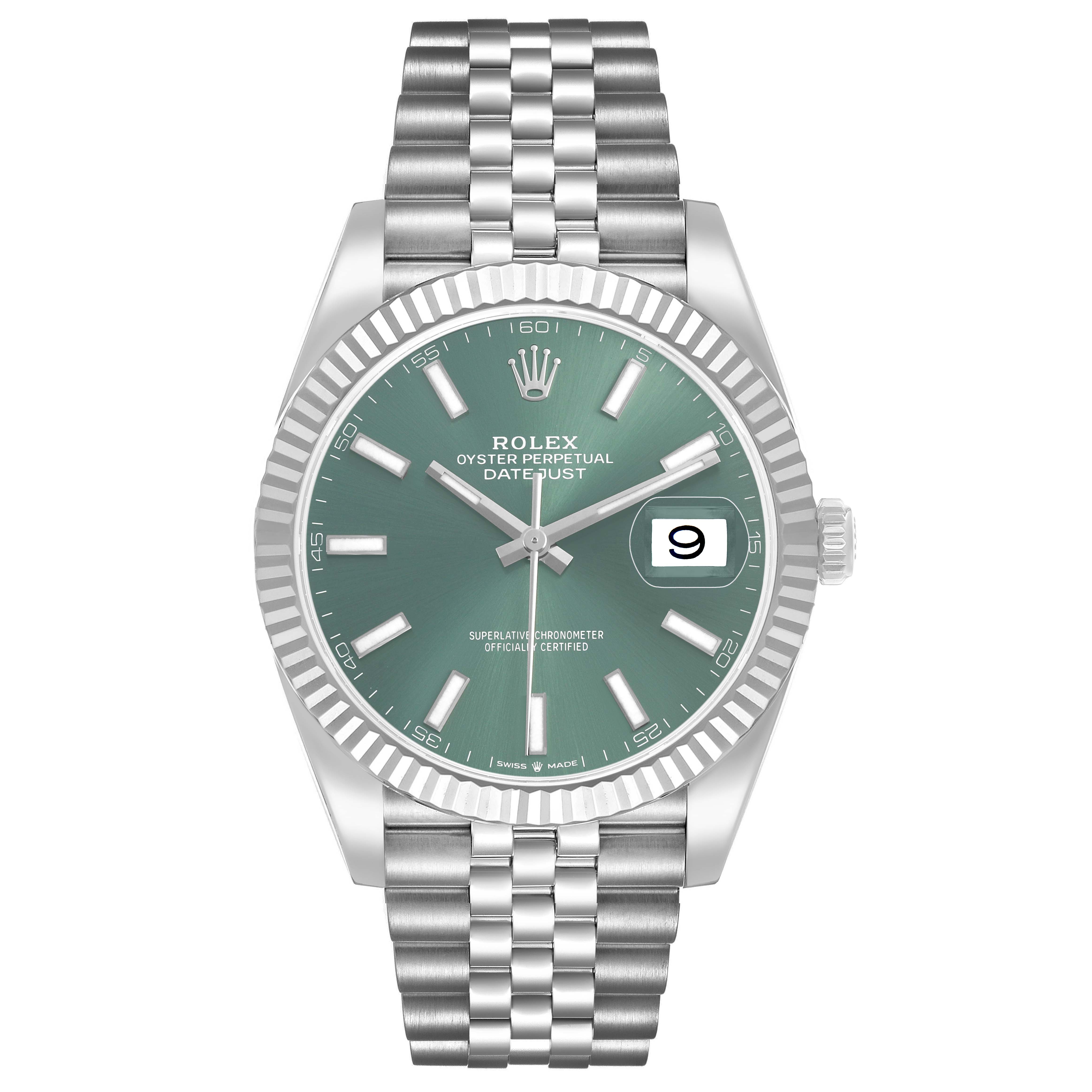 This Rolex Datejust 41 126334 Men's Stainless Steel Green Dial is shown from the front, displaying its green dial, fluted bezel, and Jubilee bracelet.