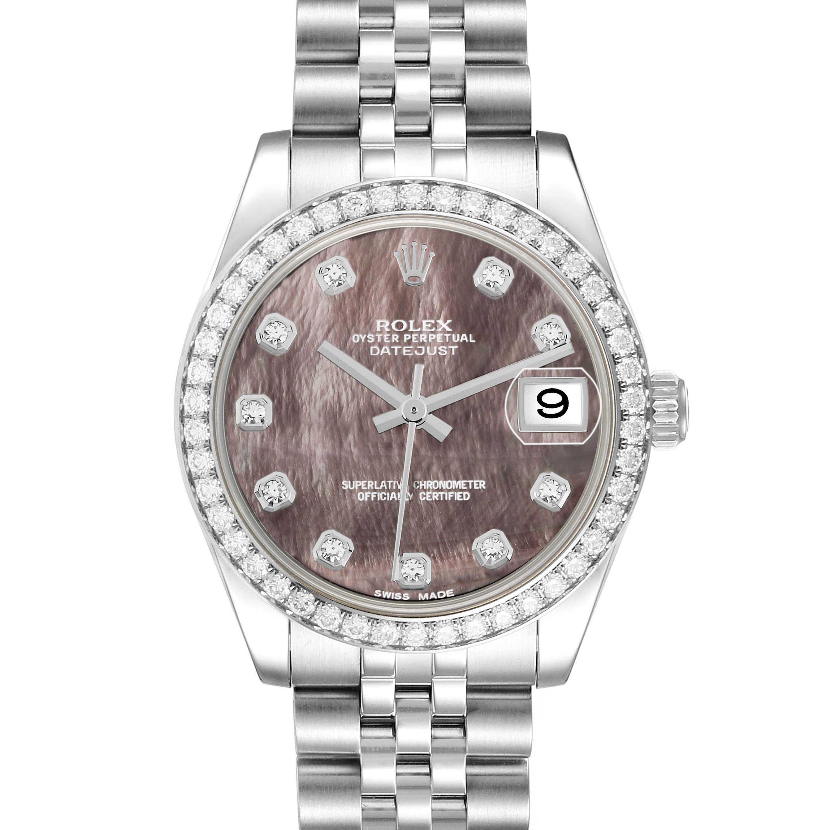 The Rolex Datejust 178384 Women
s Stainless Steel Mother of Pearl Dial watch is shown from a front angle, highlighting its dial, bezel, and bracelet.