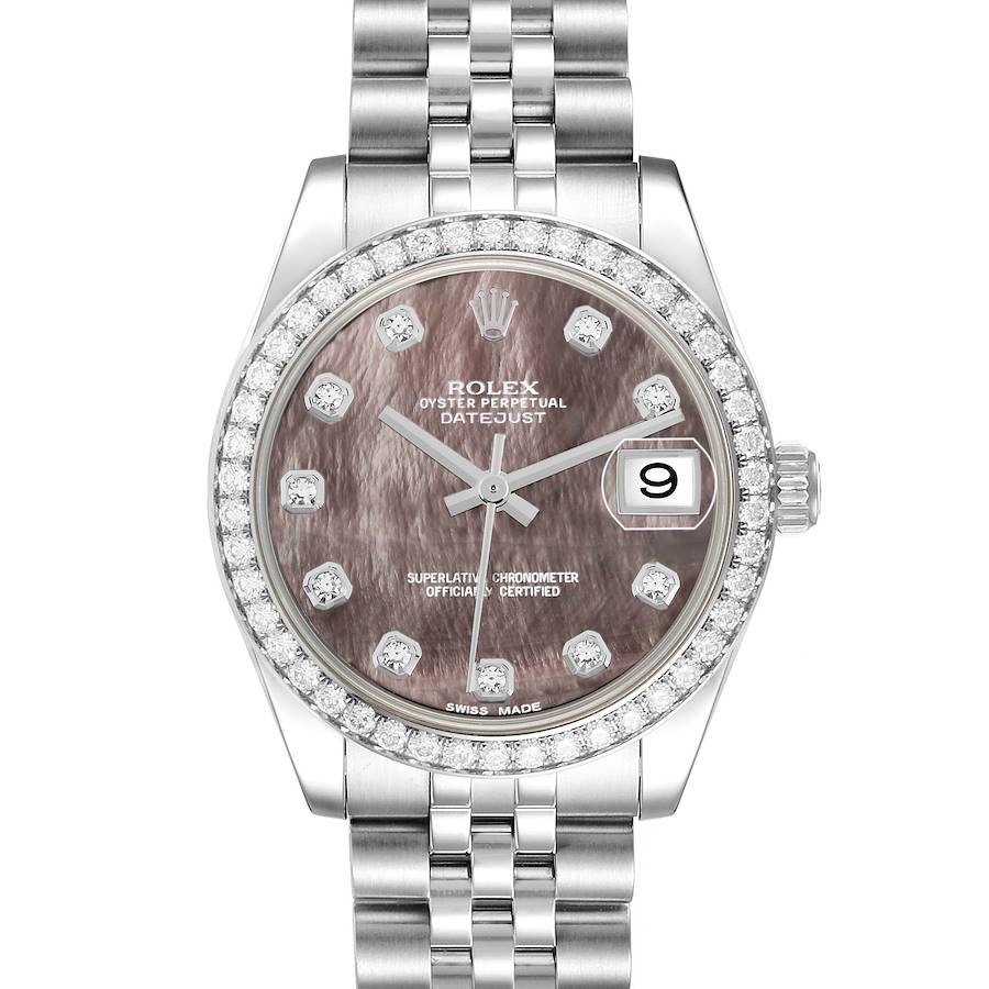 The Rolex Datejust 178384 Women's Stainless Steel Mother of Pearl Dial watch is shown from a front angle, highlighting its dial, bezel, and bracelet.