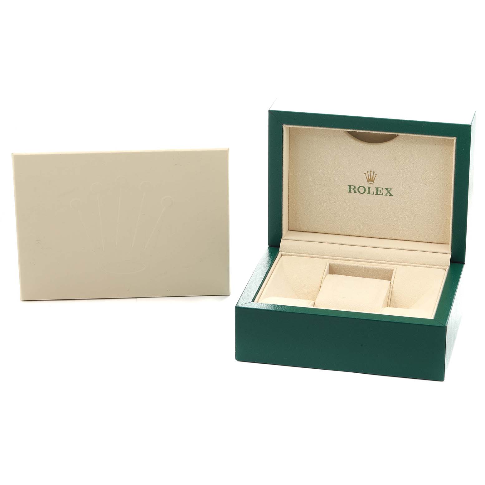 The image shows an open Rolex Datejust 178384 Women
s Stainless Steel Mother of Pearl Dial box with a beige interior and an embossed logo on the lid.